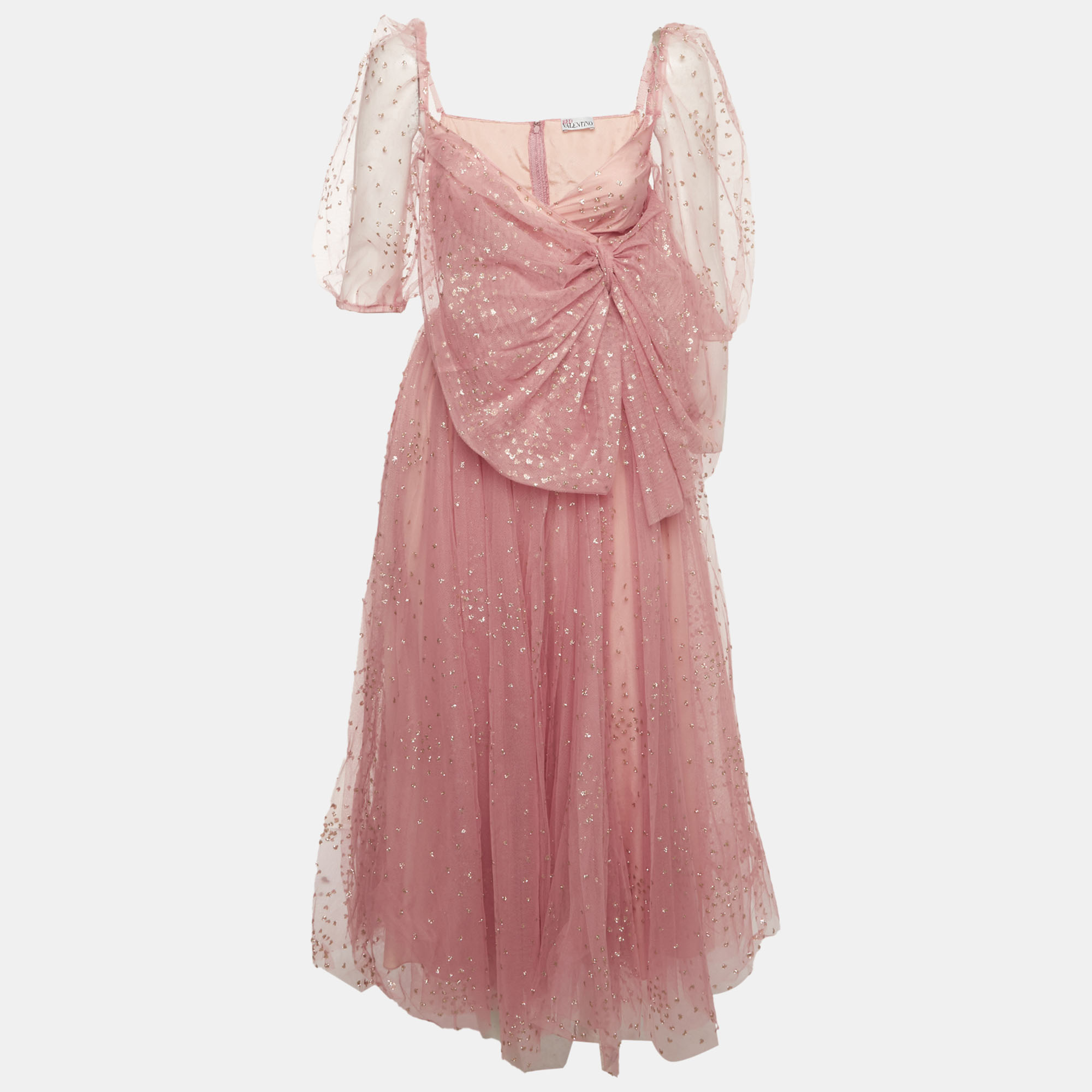 Red Valentino Pink Tulle Glittered Bow Embellished Midi Dress