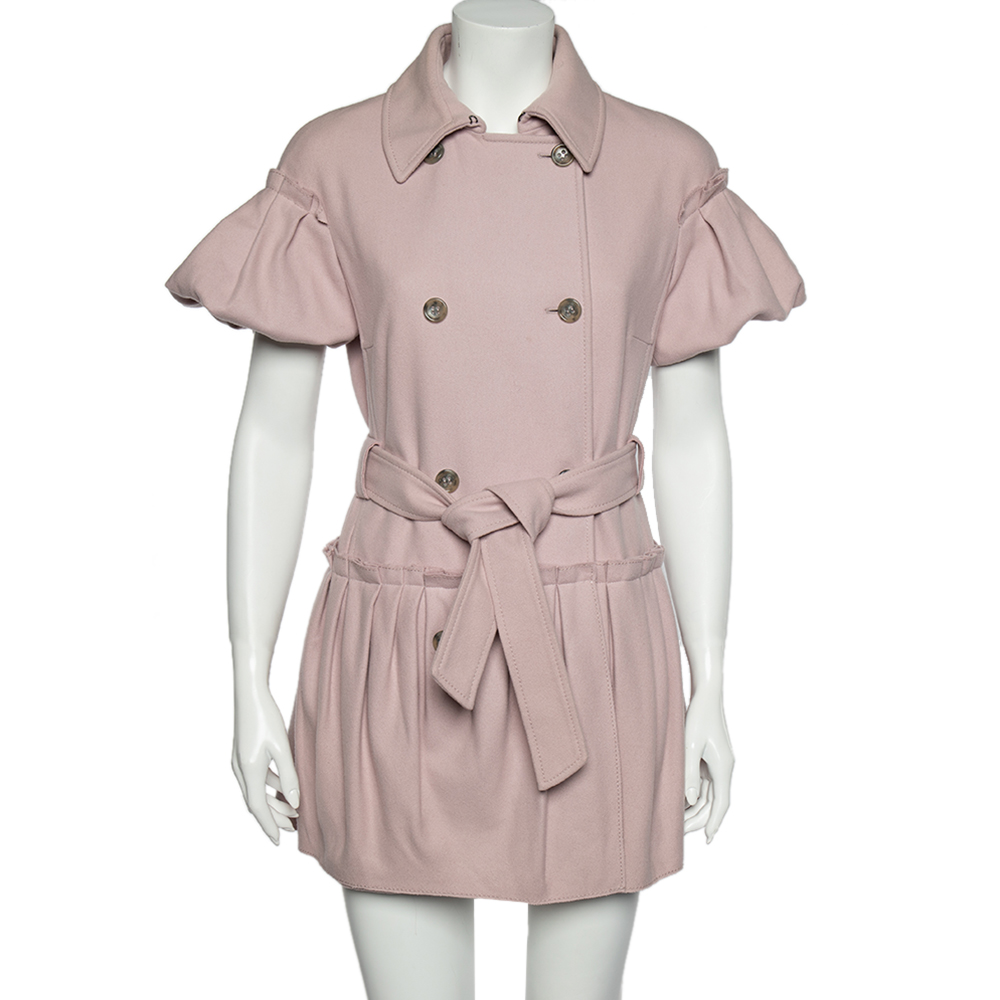 RED Valentino Pink Wool Pleated Detailed Double Breasted Belted Coat