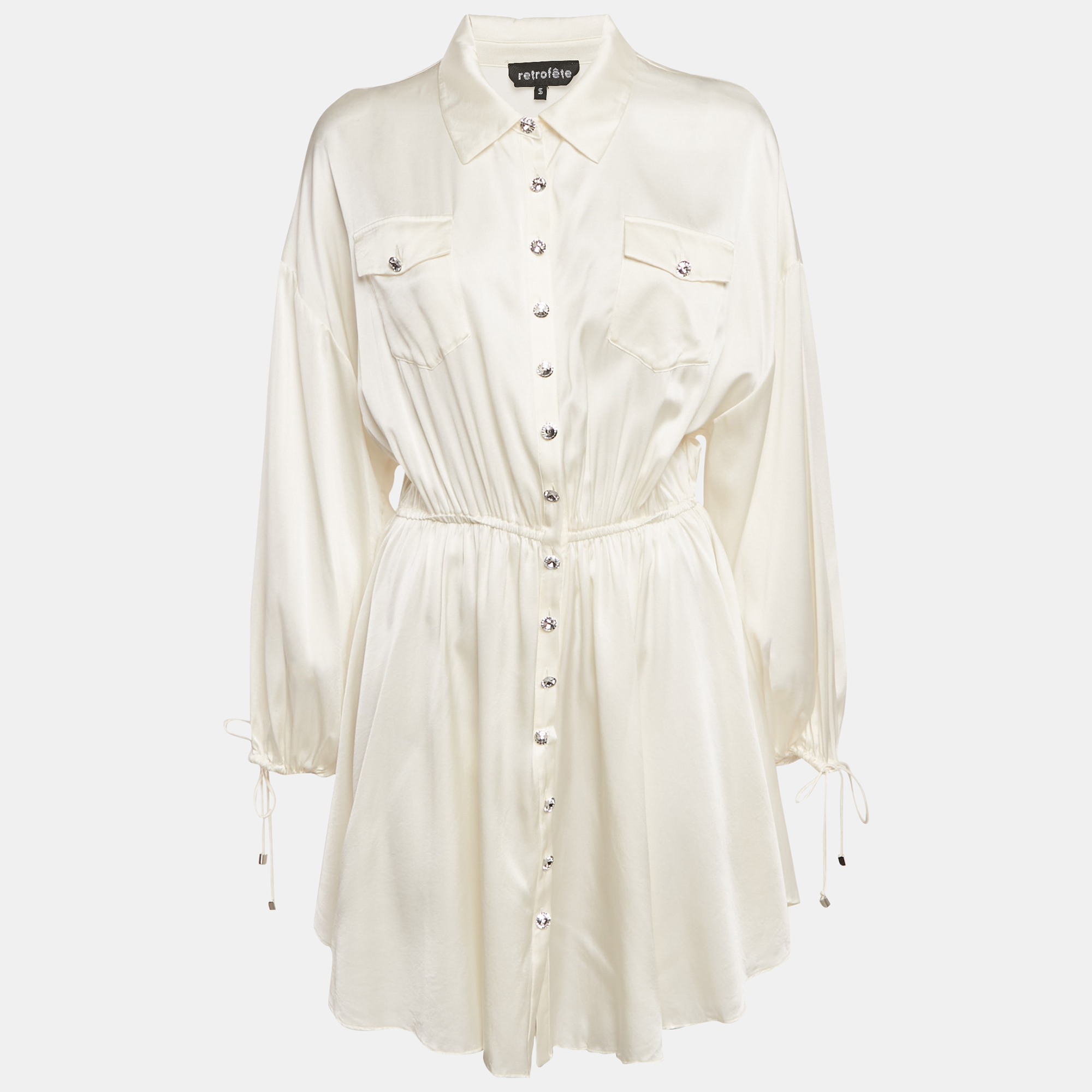 Retrofete Cream Satin Gathered Mini Dress
