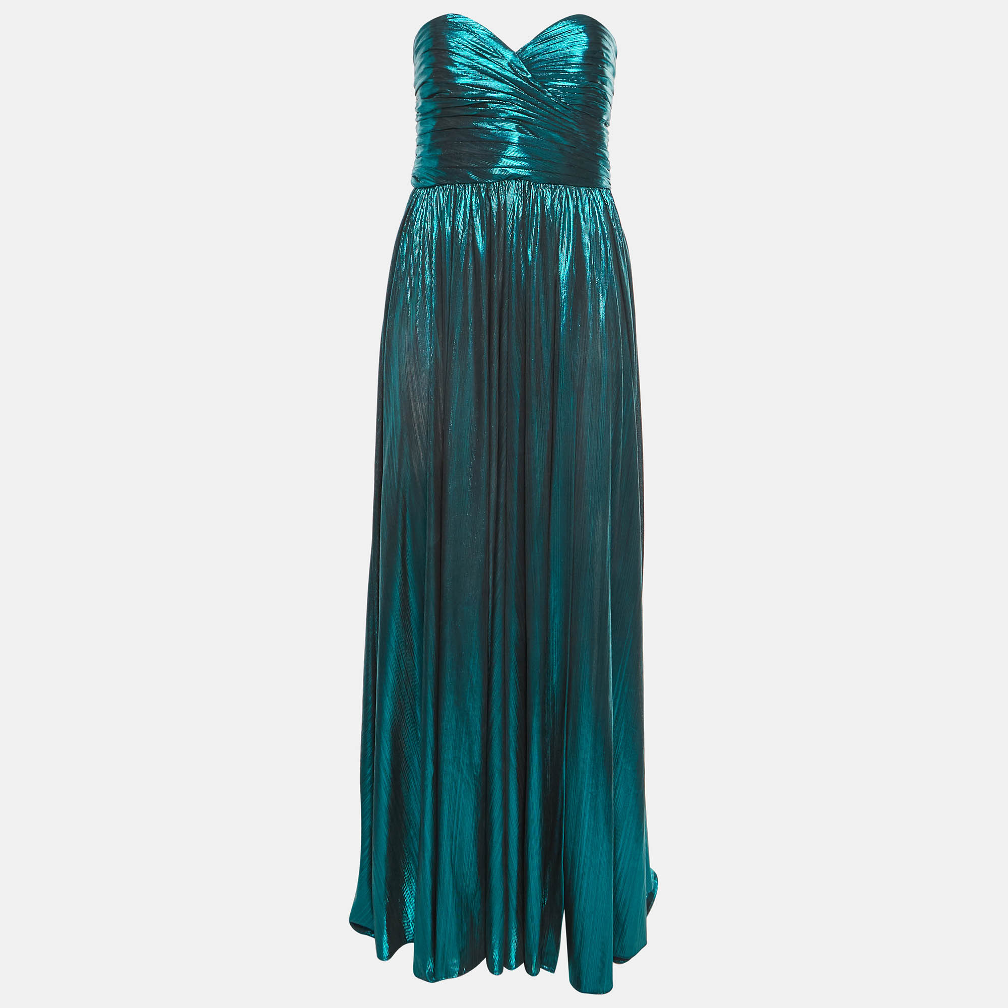 Retrofete Green Plissé Lamé Strapless Ezri Maxi Dress