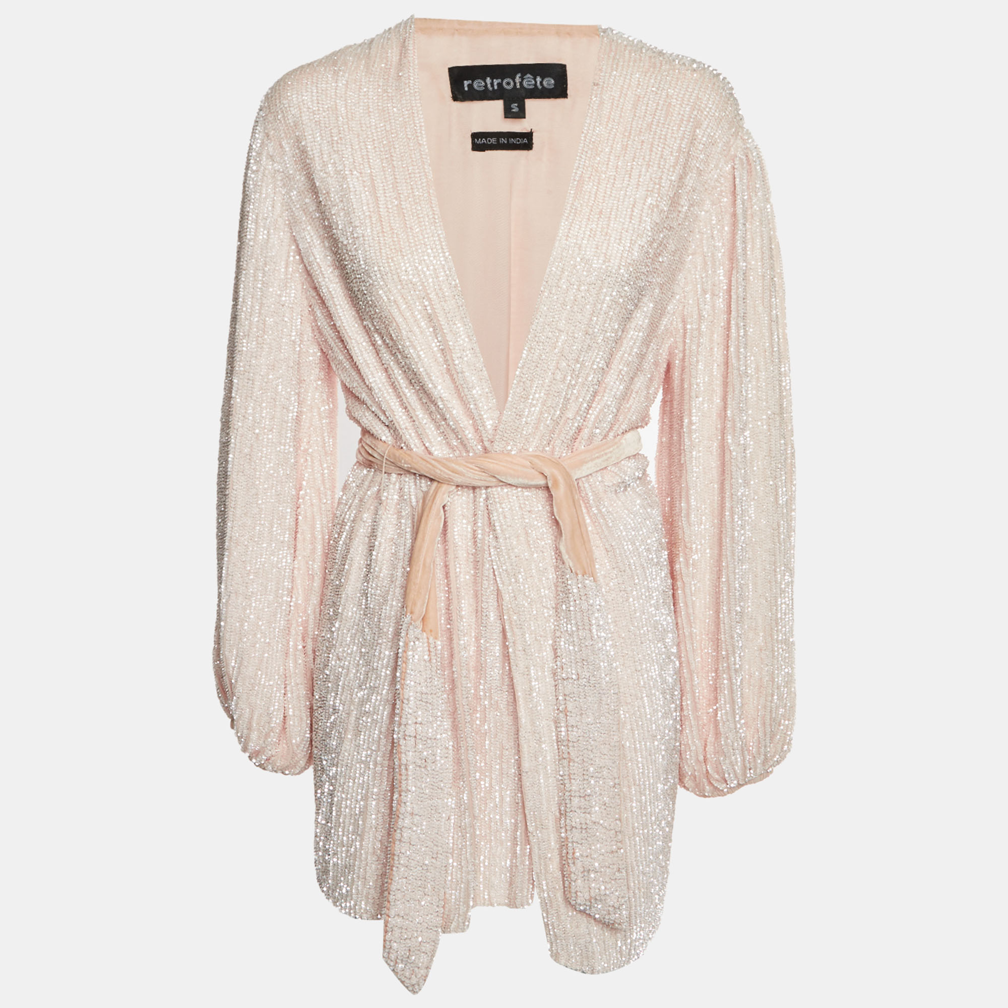 Retrofete Pink Sequin and Velvet Belted Mini Robe Dress