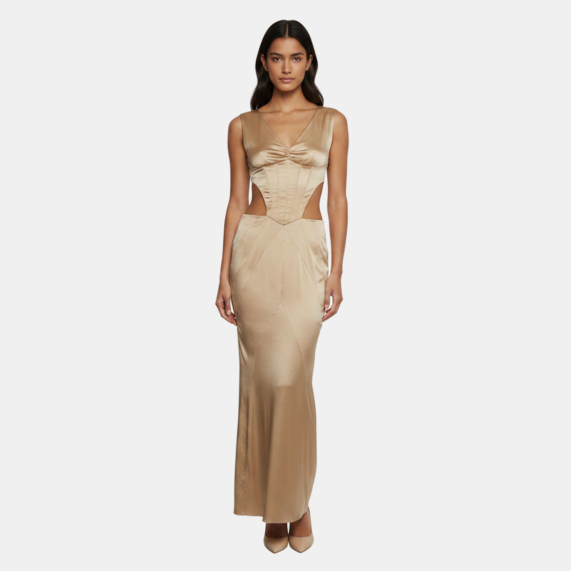 Retrofete Gold Satin Waist Cut-Out Long Dress