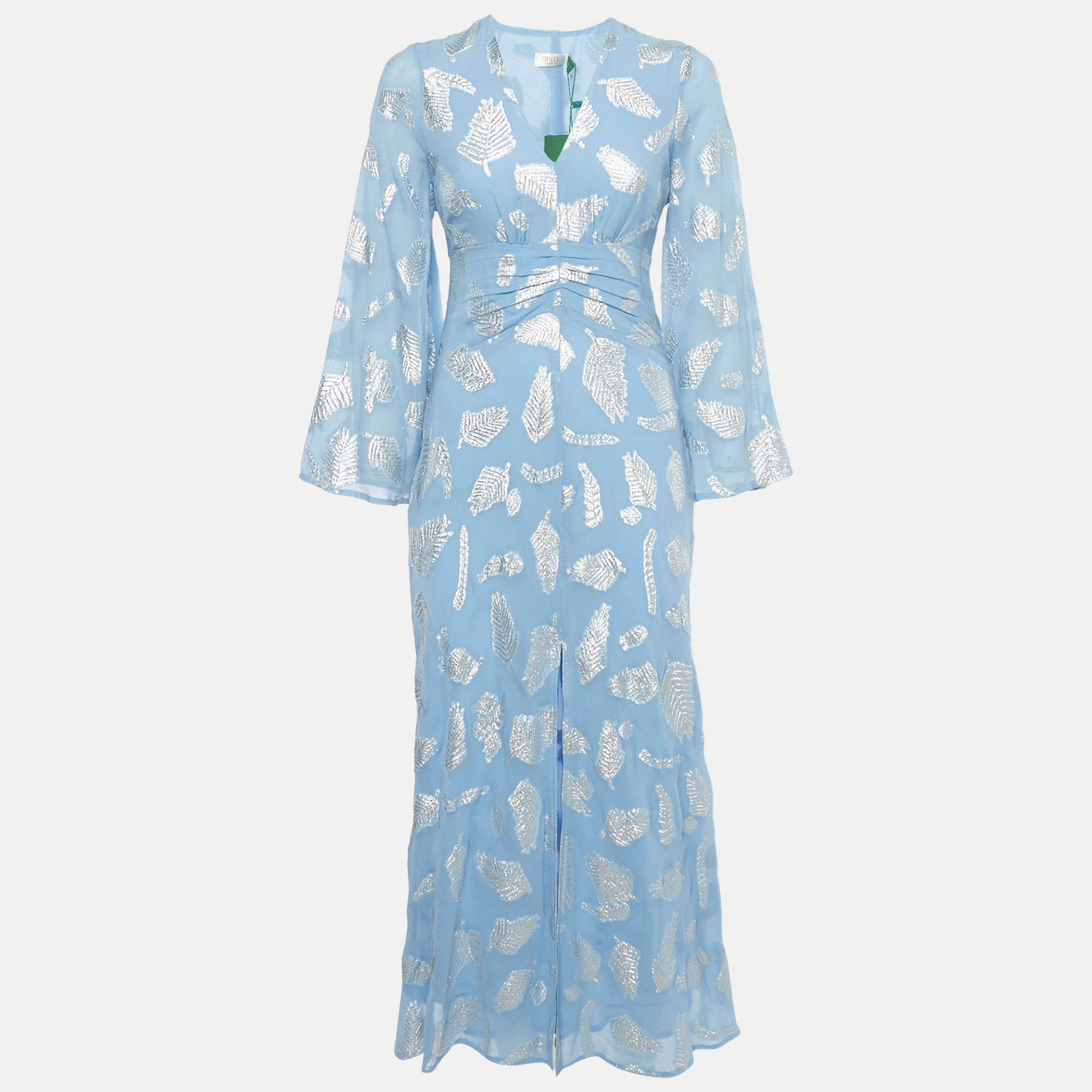 Rixo Simone Blue Lurex Brocade Crepe V-Neck Long Dress X