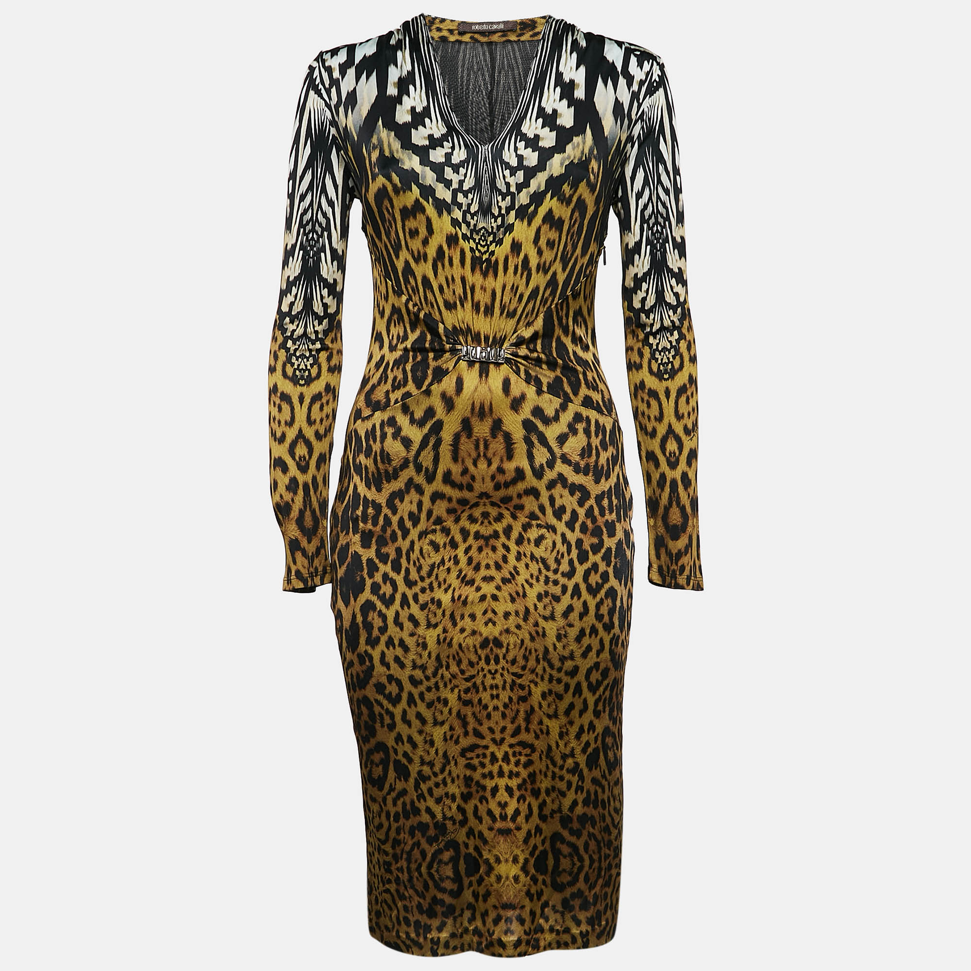 Roberto Cavalli Black Leopard Print V-Neck Midi Dress
