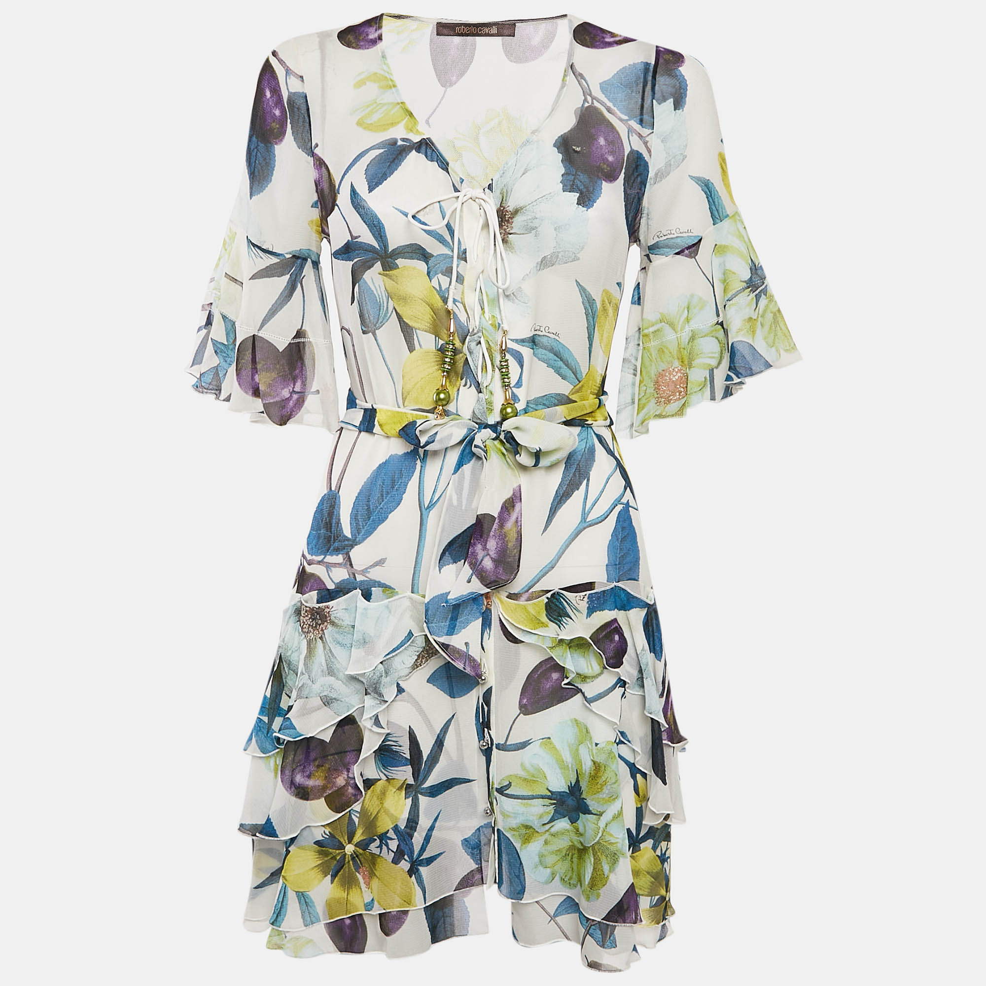 Roberto Cavalli Multicolor Floral Print Silk Ruffle Belted Dress