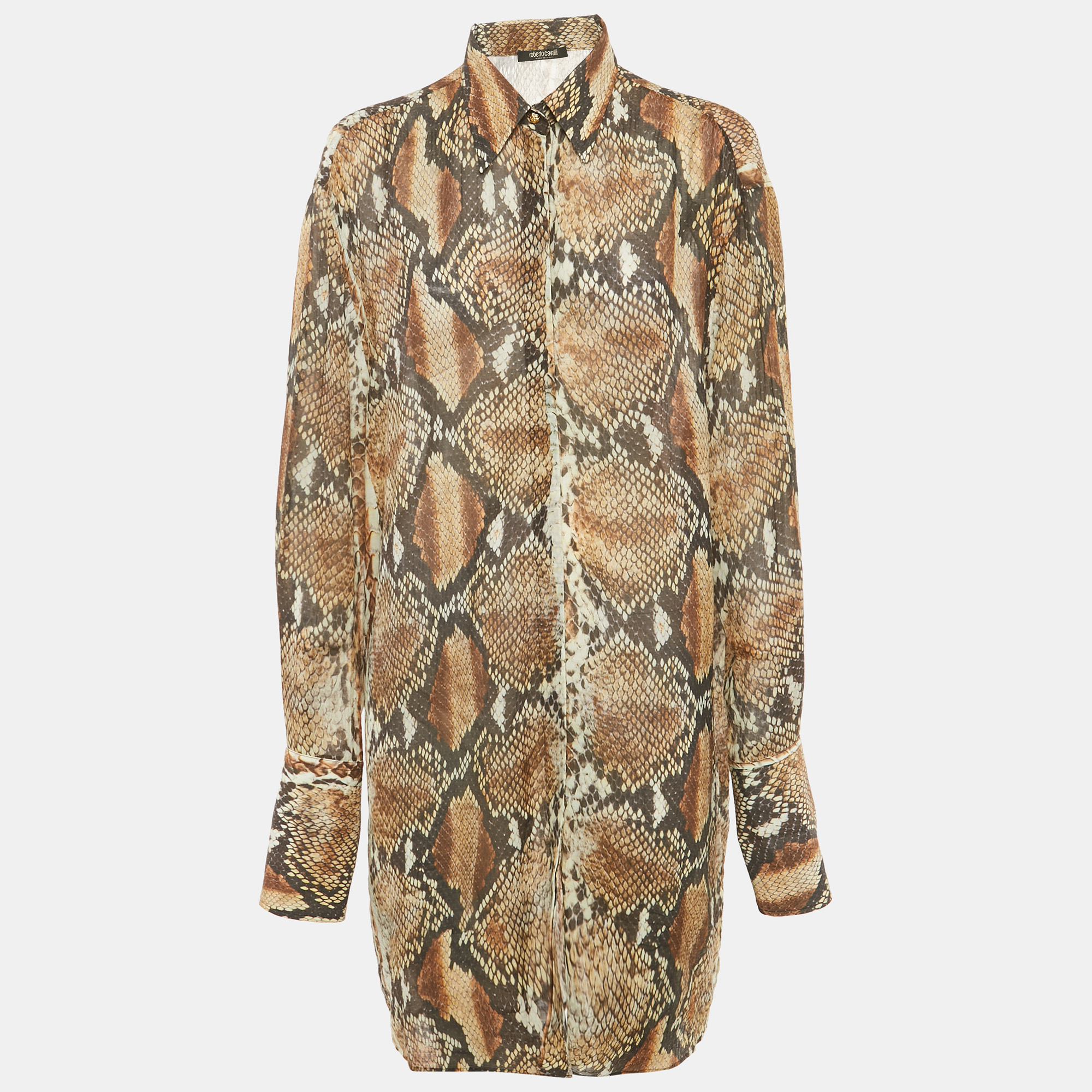 Roberto Cavalli Brown Python Print Cotton Blend Short Shirt Dress