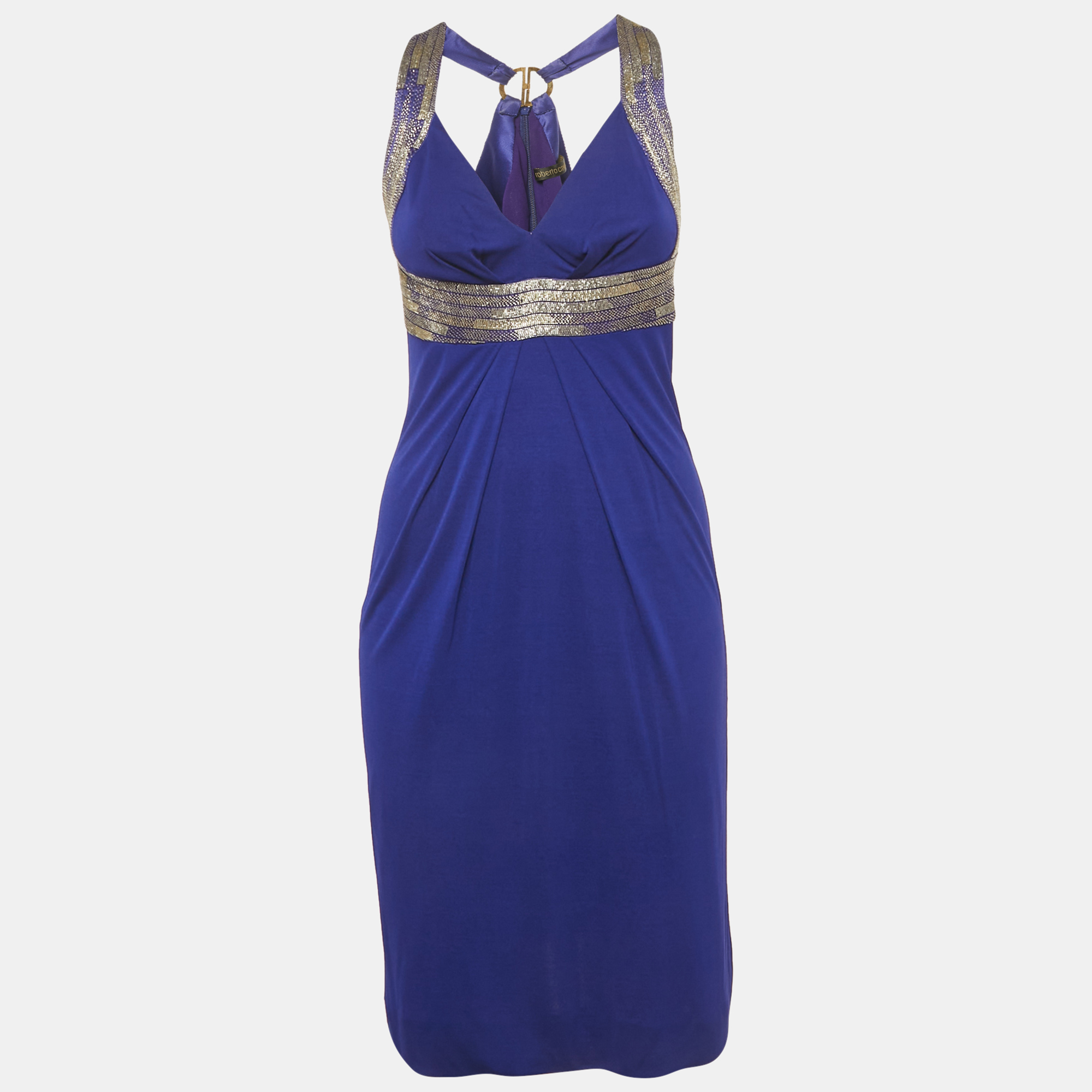 Roberto Cavalli Blue Beaded Jersey Short Dress