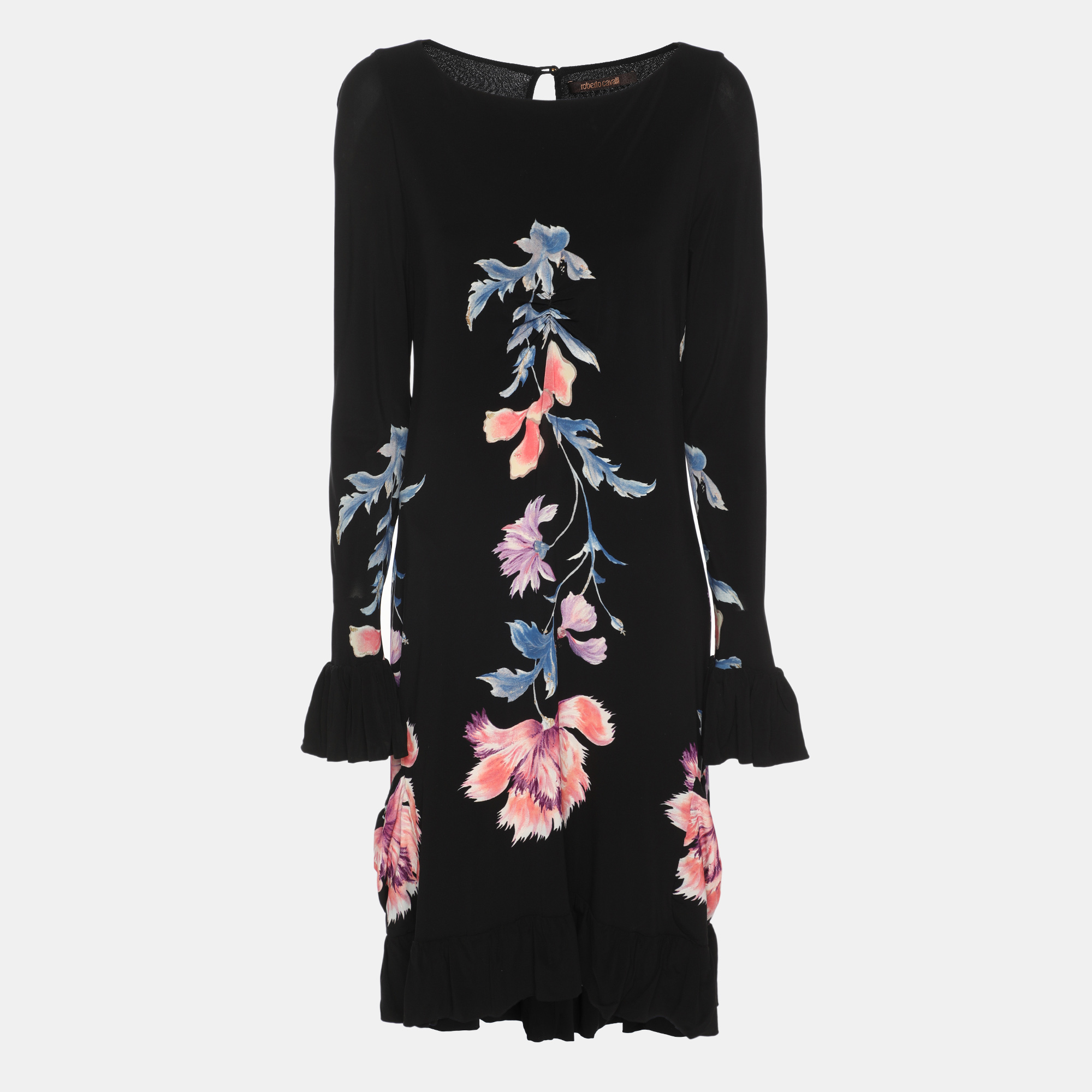 Roberto Cavalli Black Floral Print Stretch Knit Mini Dress