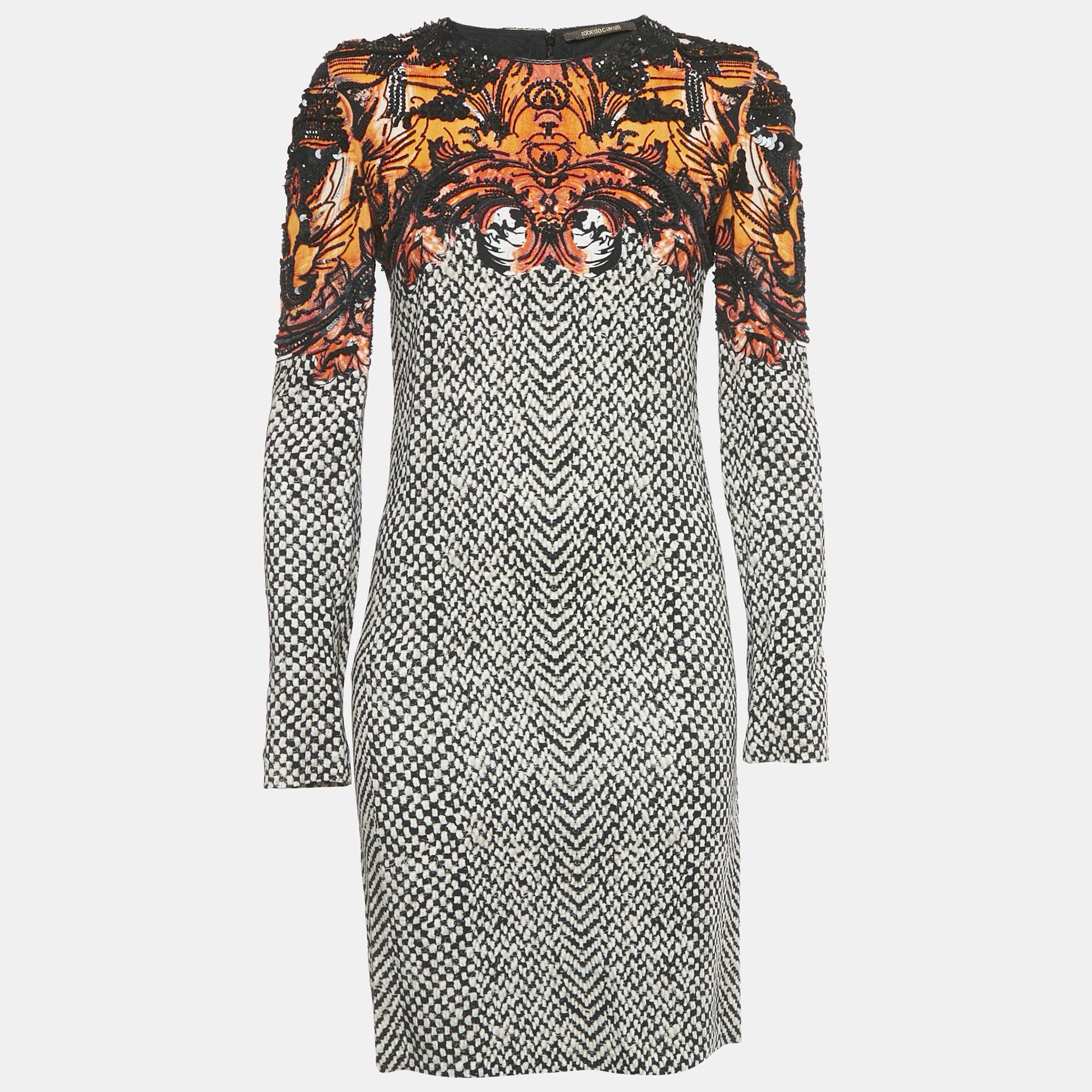 Roberto Cavalli BlackWhite Beaded Crepe Shift Dress