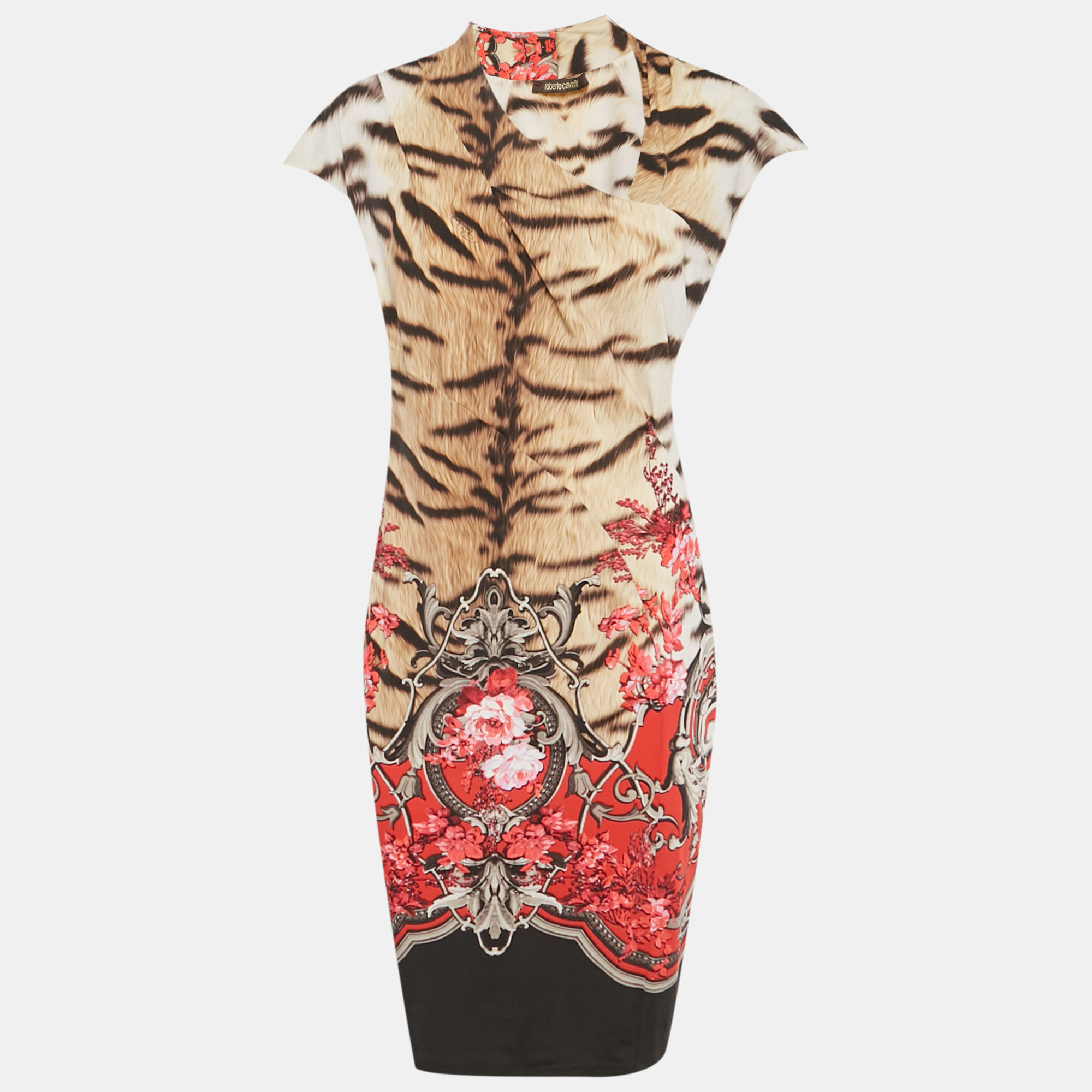 Roberto Cavalli Multicolor Printed Jersey Ruched Midi Dress