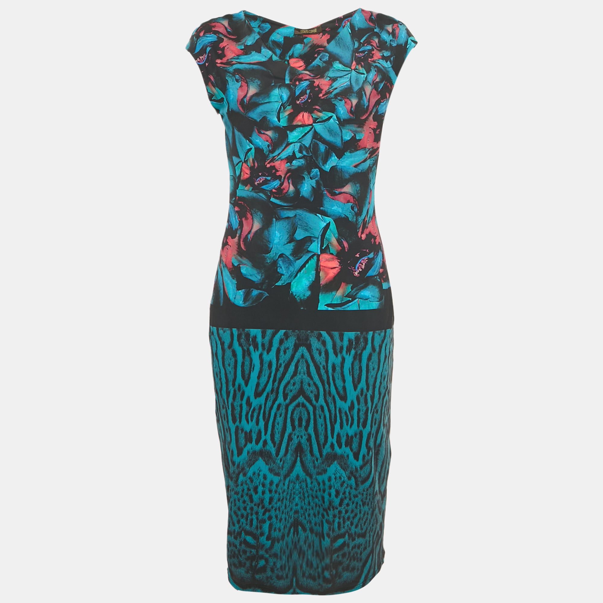 Roberto Cavalli Blue Printed Jersey Midi Dress