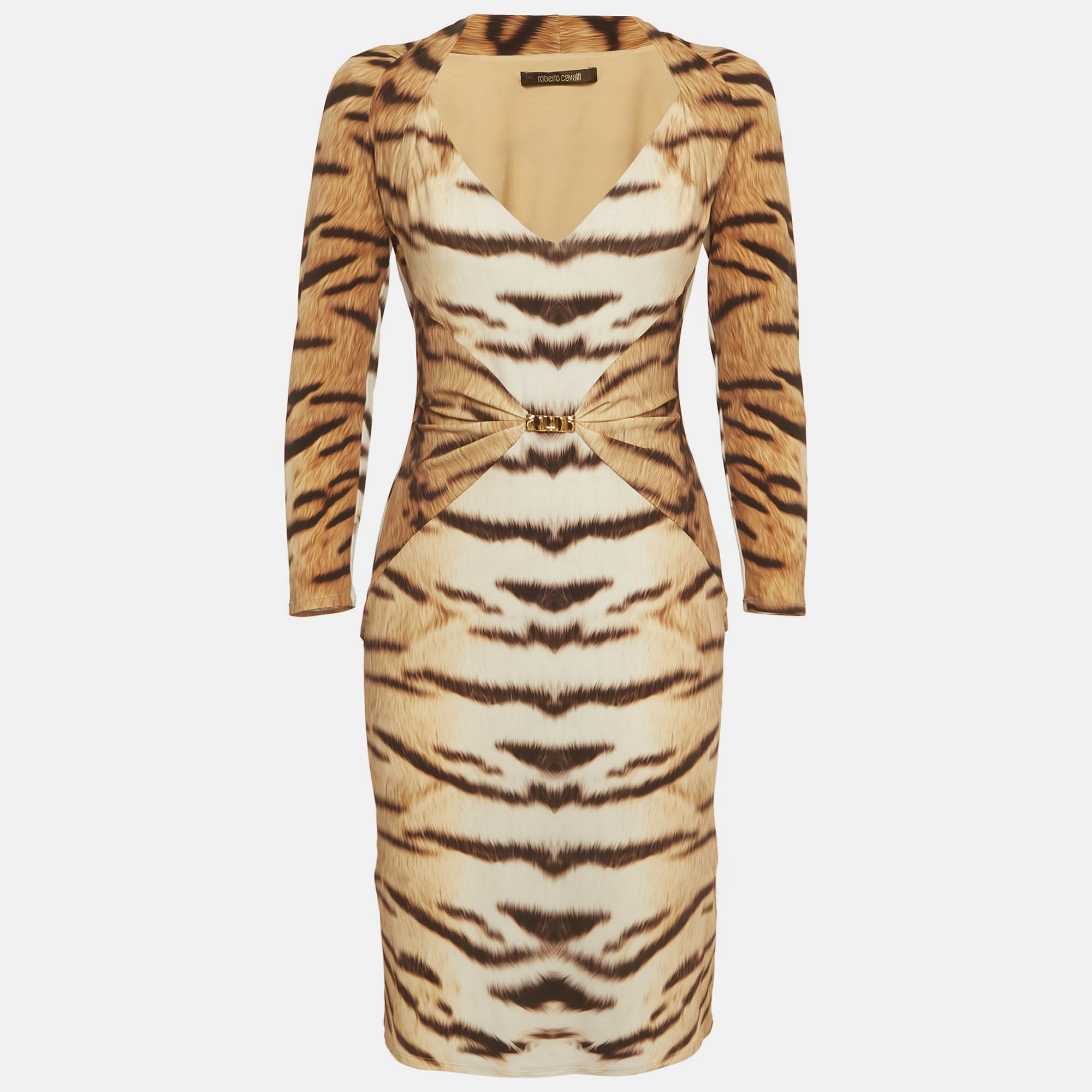 Roberto Cavalli Brown Tiger Print Jersey Sheath Mini Dress
