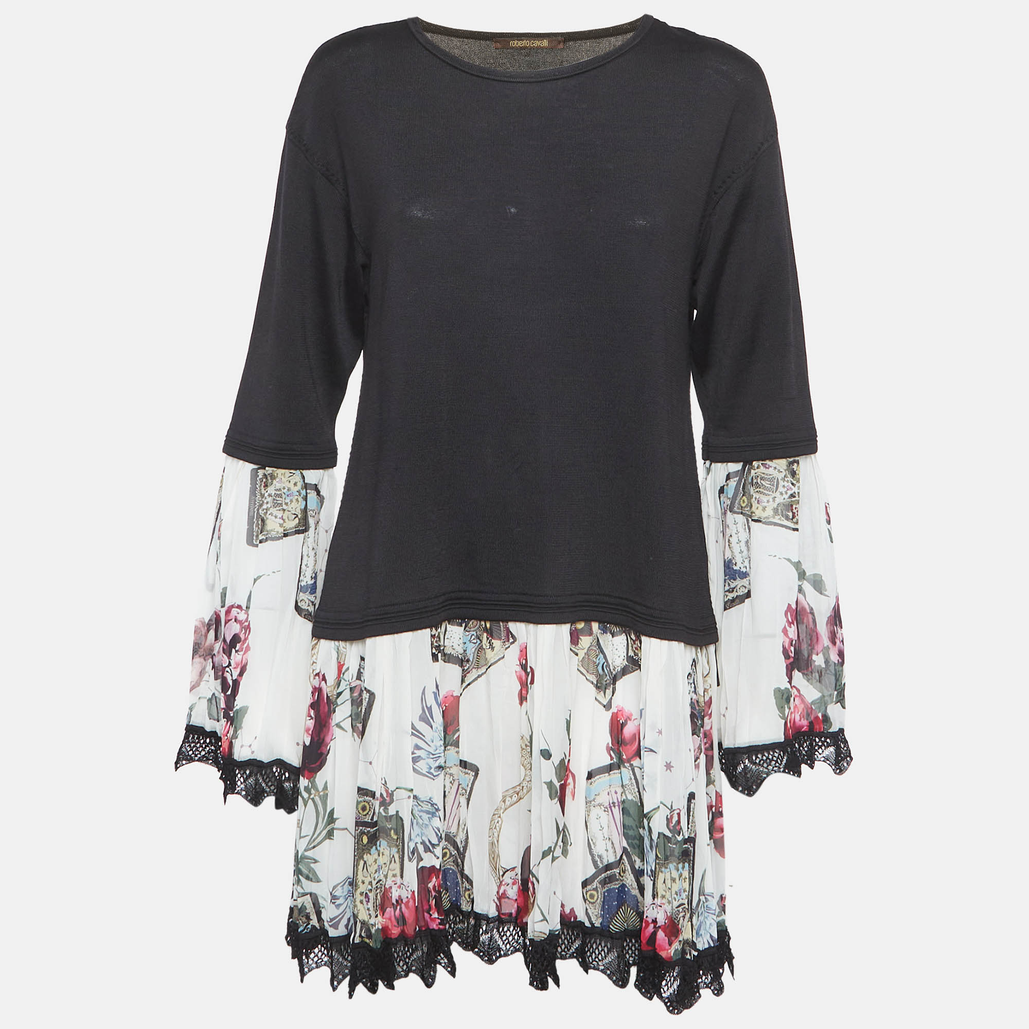 Roberto Cavalli Black Knit and Plisse Silk Mini Dress