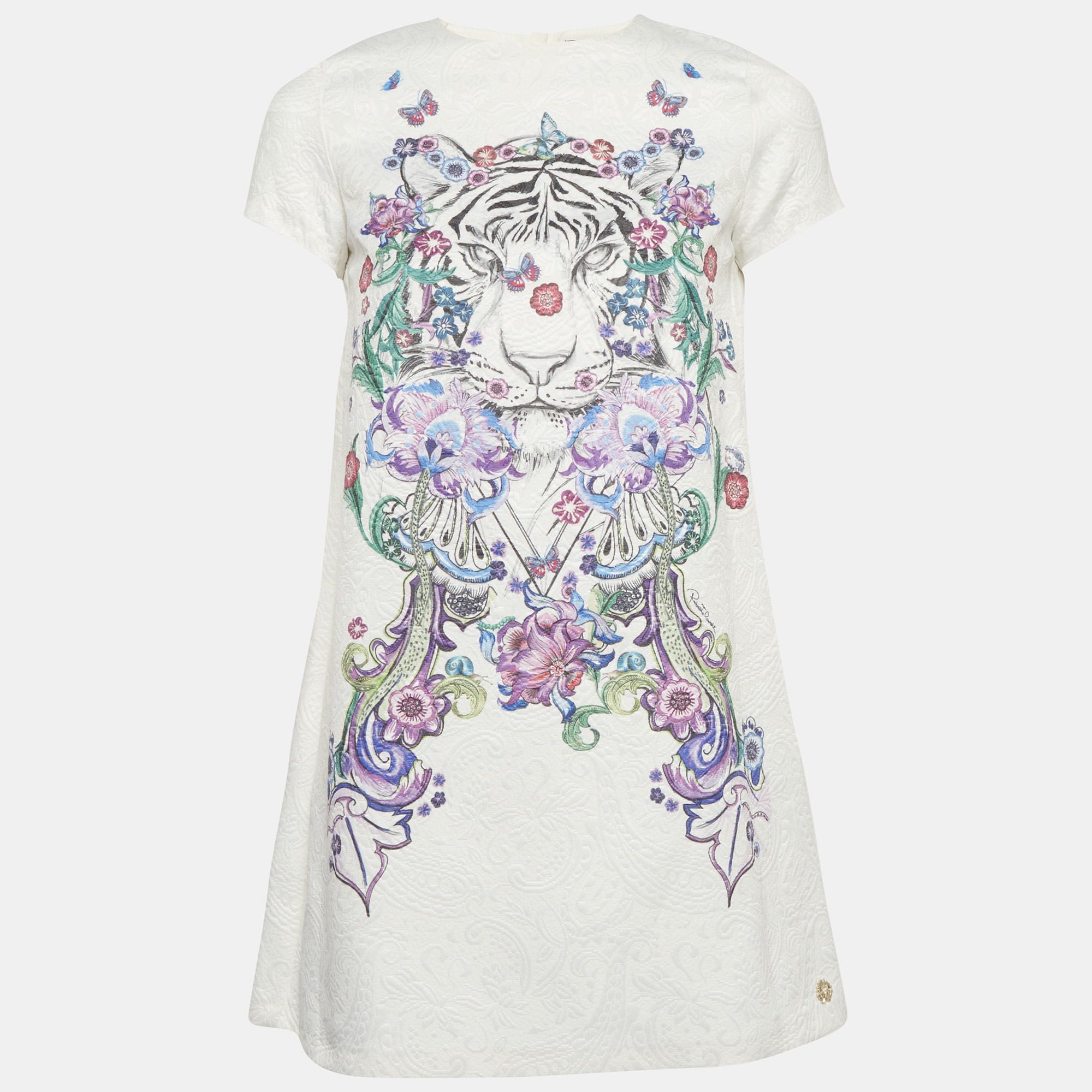 Roberto Cavalli White Tiger and Floral Print Jacquard A-Line Mini Dress