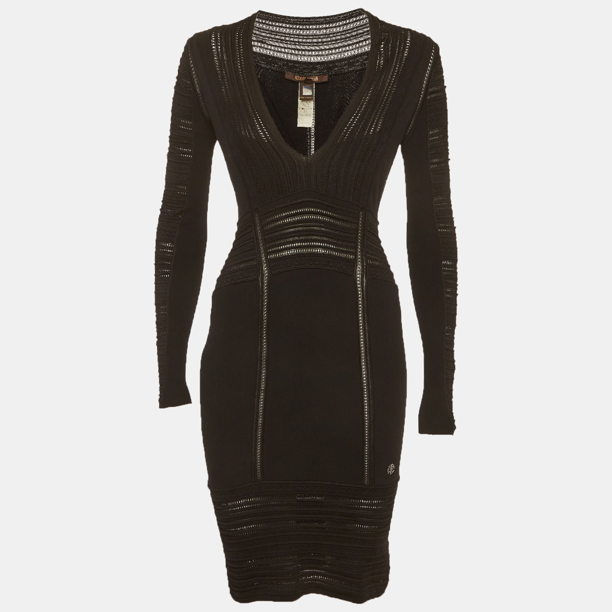 Roberto Cavalli Black Stretch Knit Long Sleeve Dress