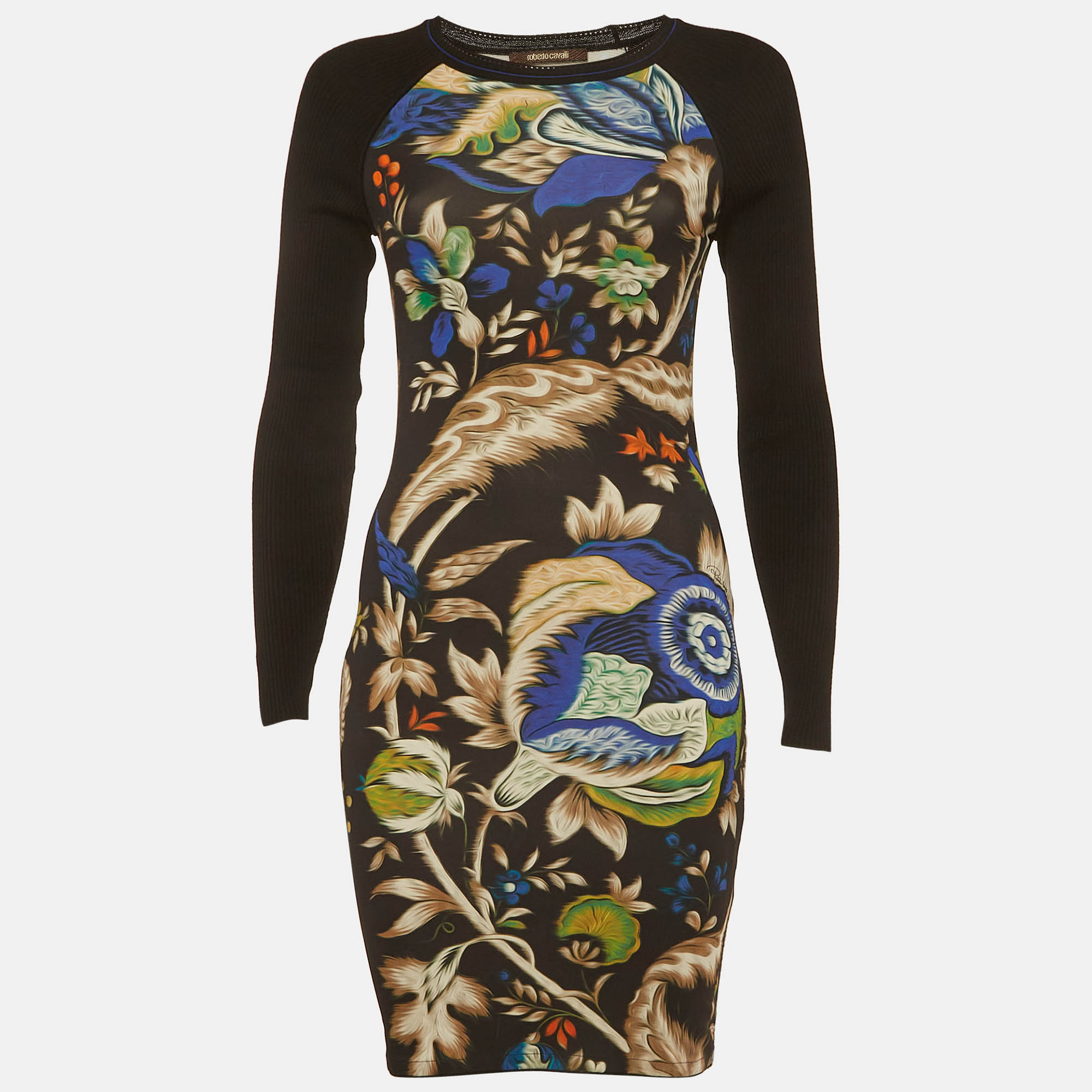 Roberto Cavalli Blue Printed Jersey and Rib Knit Mini Dress