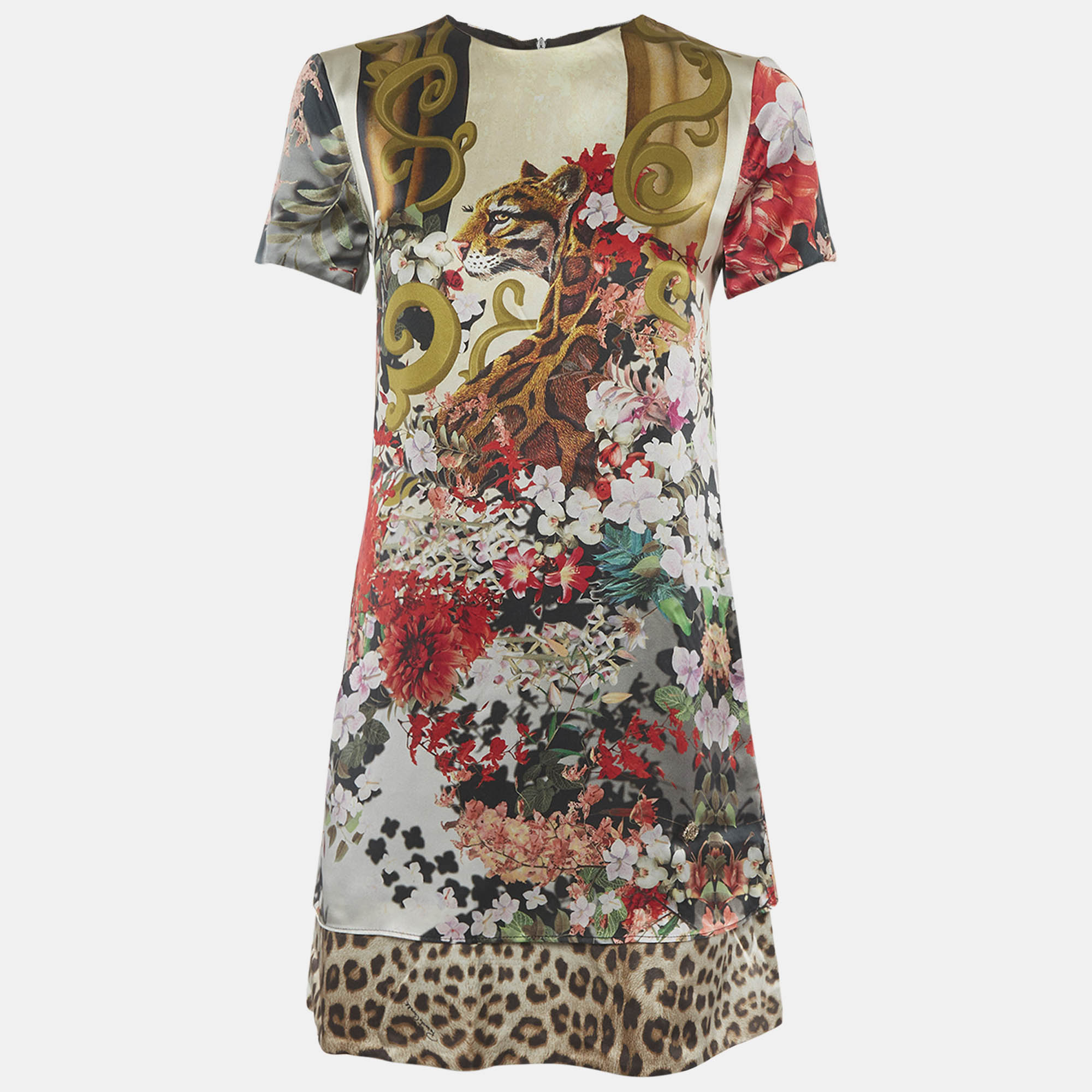 Roberto Cavalli Multicolor Floral and Leopard Print Satin Mini Dress
