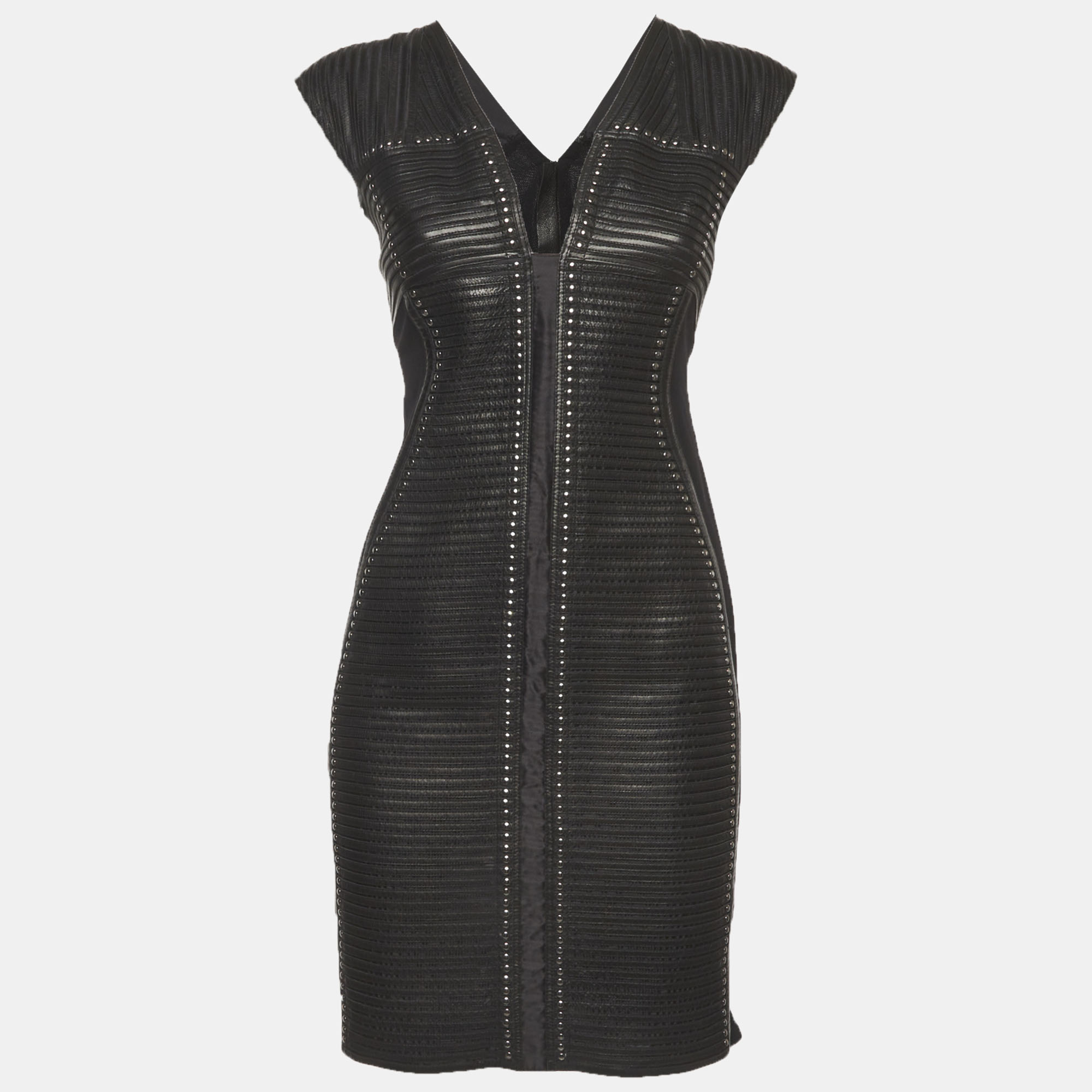 Roberto Cavalli Black Leather Plunge Neck Mini Dress