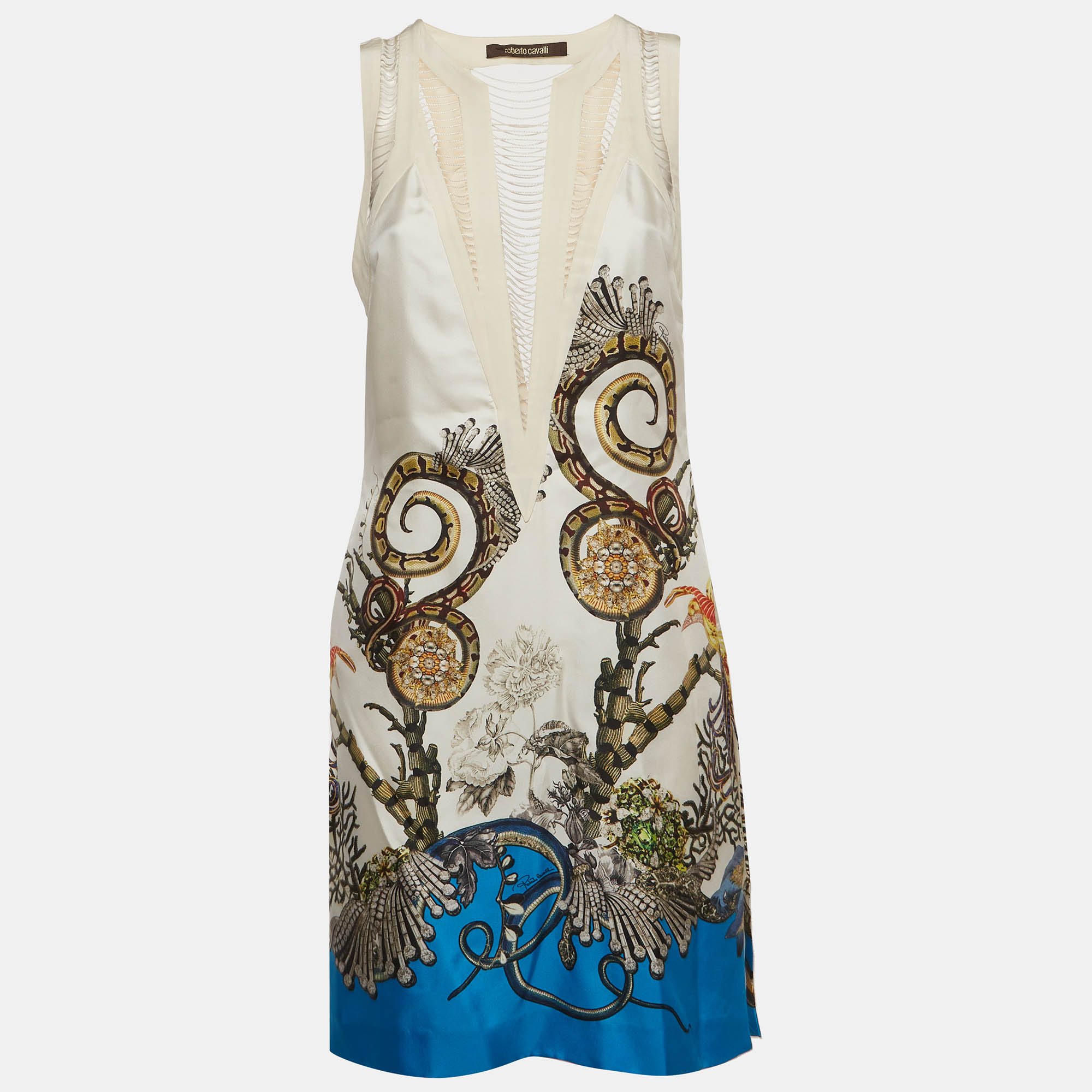 Roberto Cavalli White Floral Snake Print Satin Mini Dress