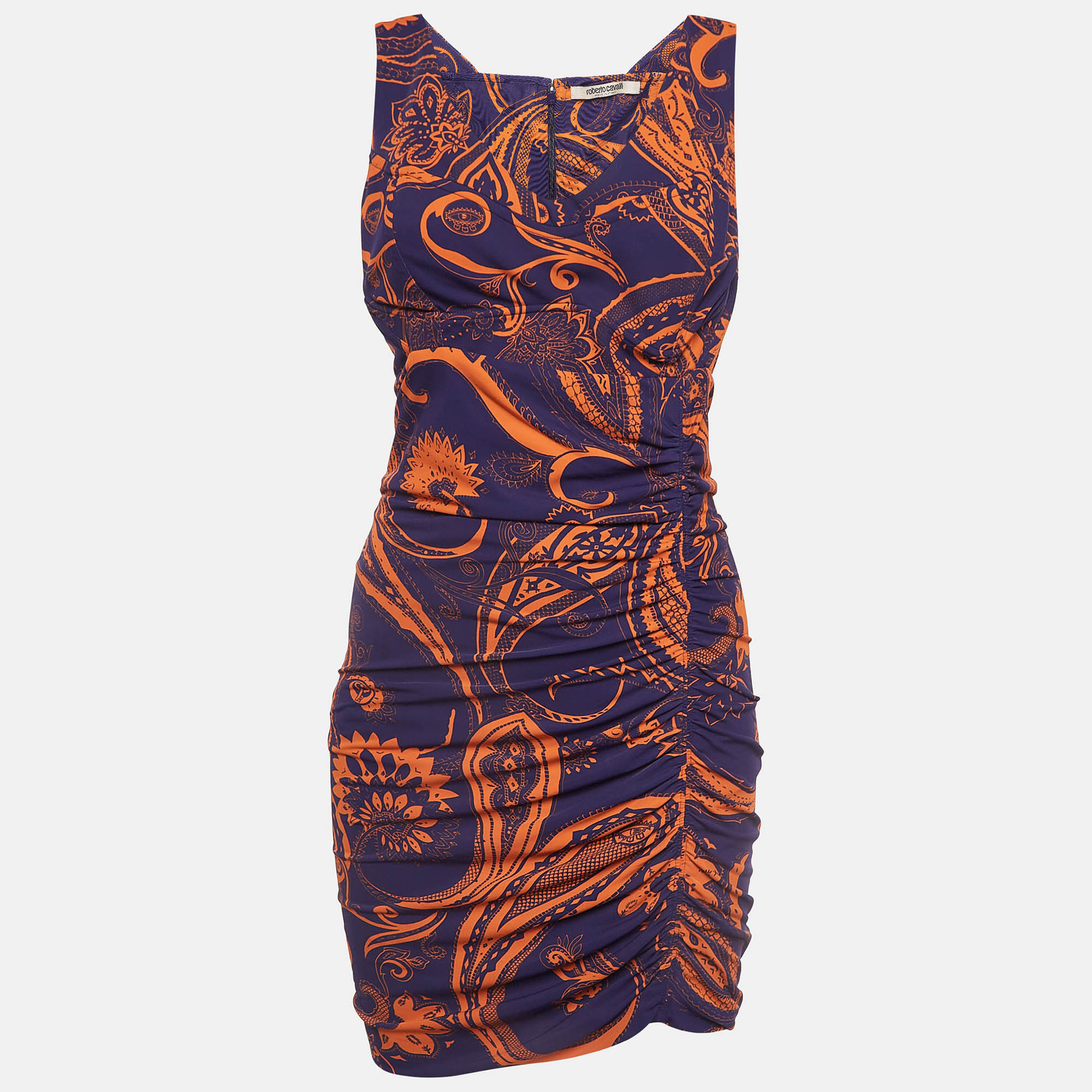 Roberto Cavalli Purple and Orange Printed Jersey Ruched Mini Dress