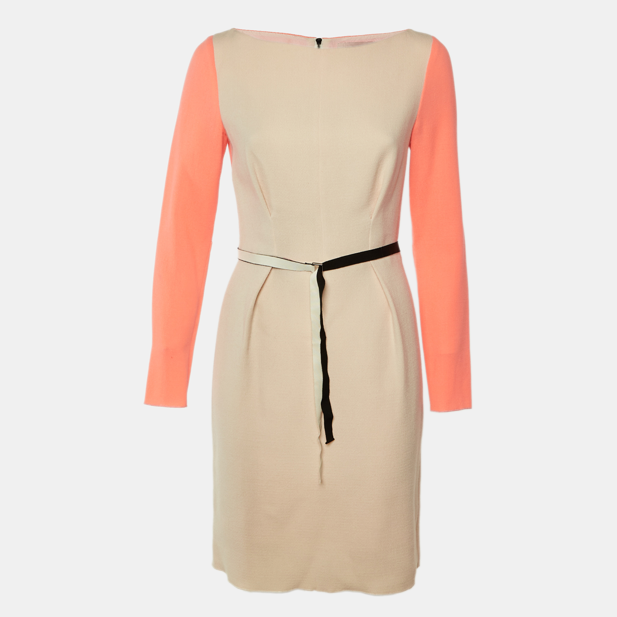 Roksanda Ilincic Beige & Neon Pink Wool Crepe Midi Dress