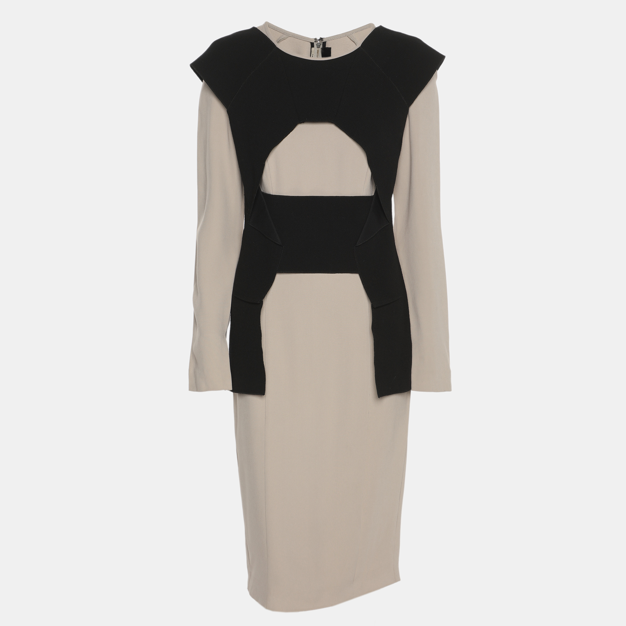 Roland Mouret GreyBlack Stretch Crepe Long Sleeve Midi Dress