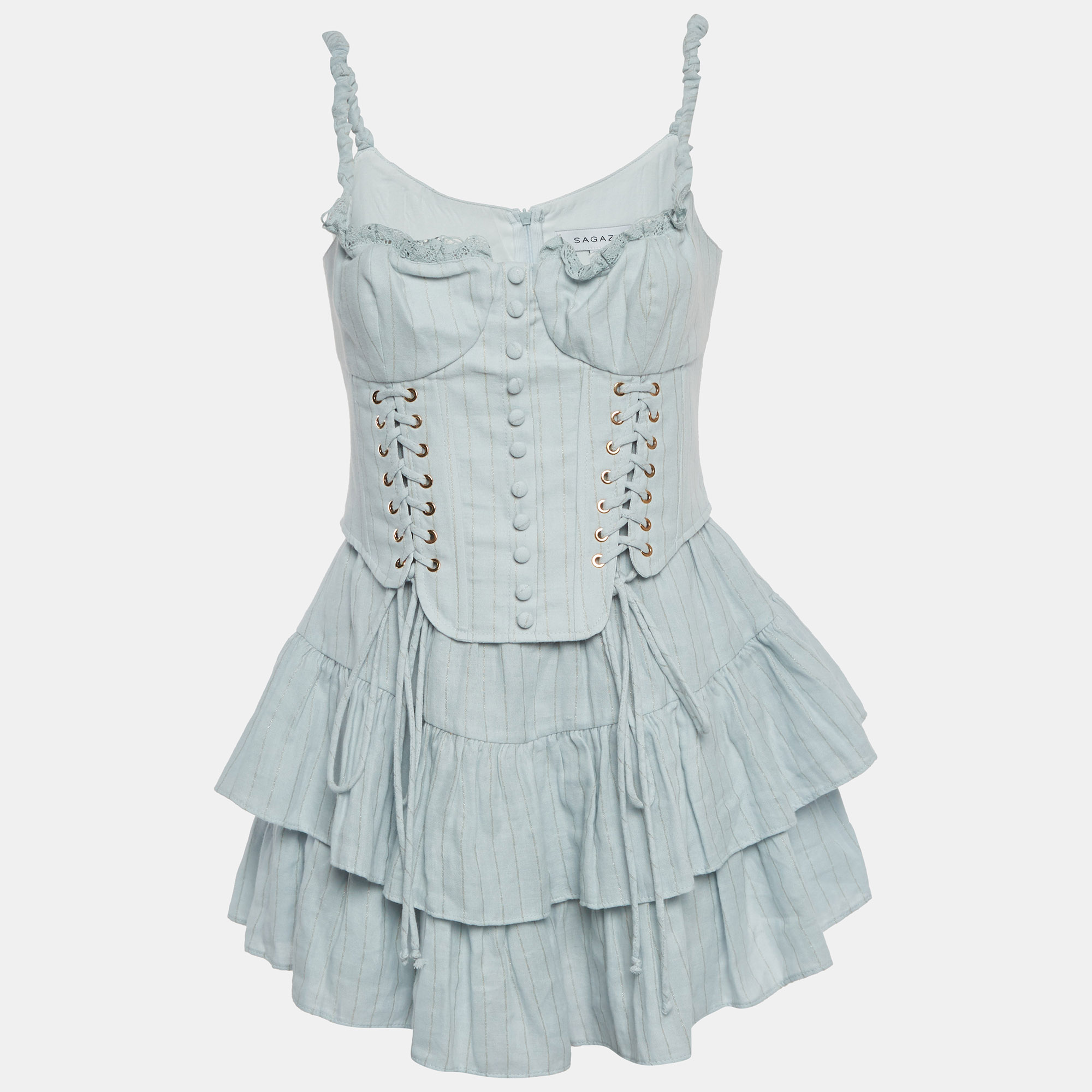 Sagaza Light Blue Pin Striped Cotton Rokoko Mini Dress