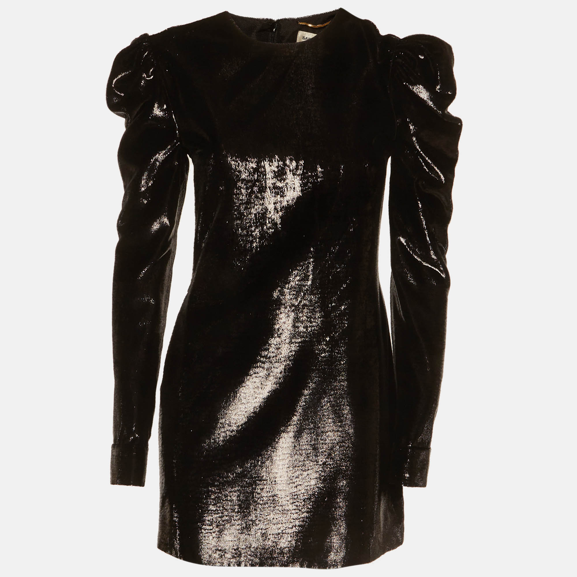 Saint Laurent Paris Black Lamé Velvet Puff Sleeve Mini Dress