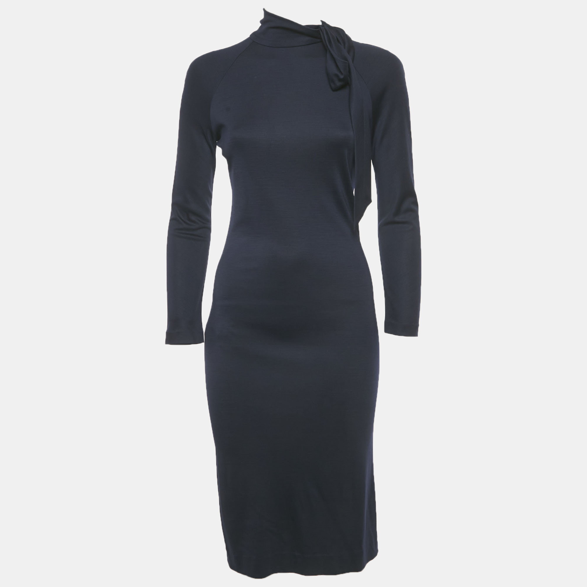Salvatore Ferragamo Navy Blue Wool Bow Detail Midi Dress