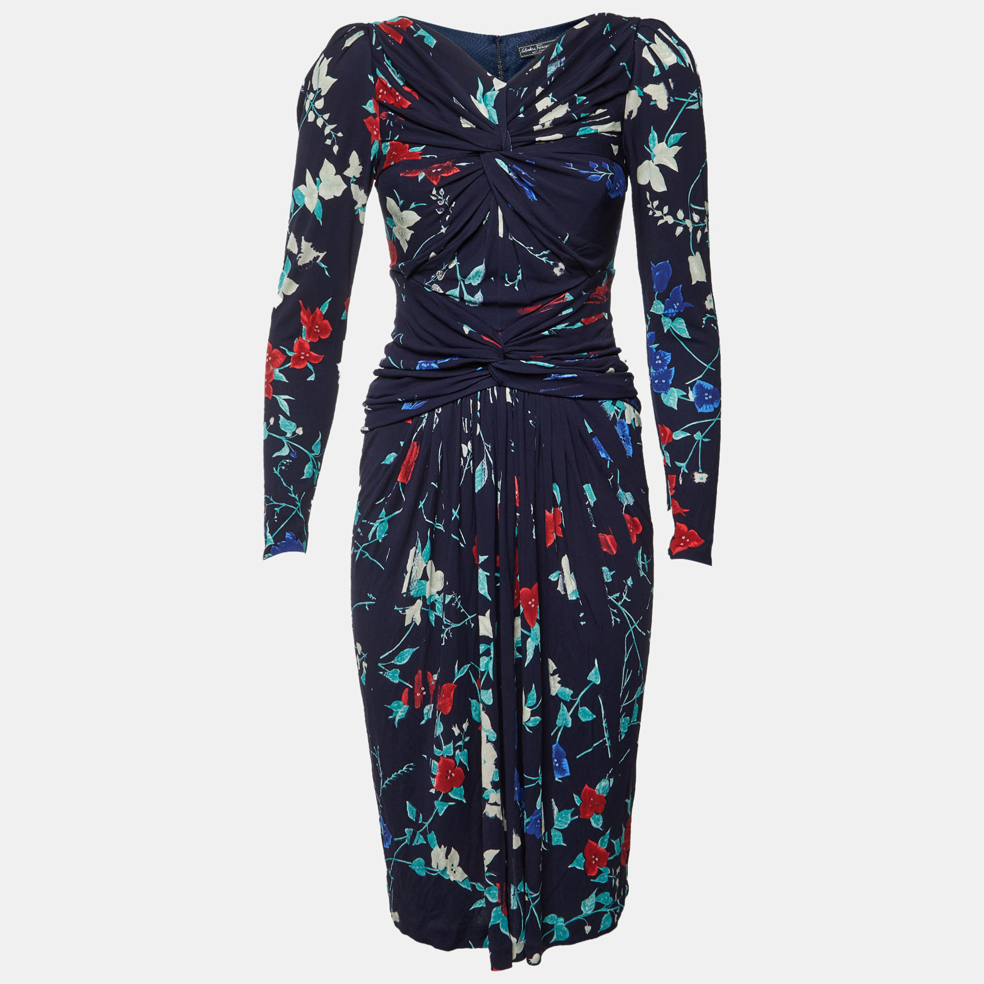 Salvatore Ferragamo Navy Blue Floral Print Crepe Ruched Midi Dress