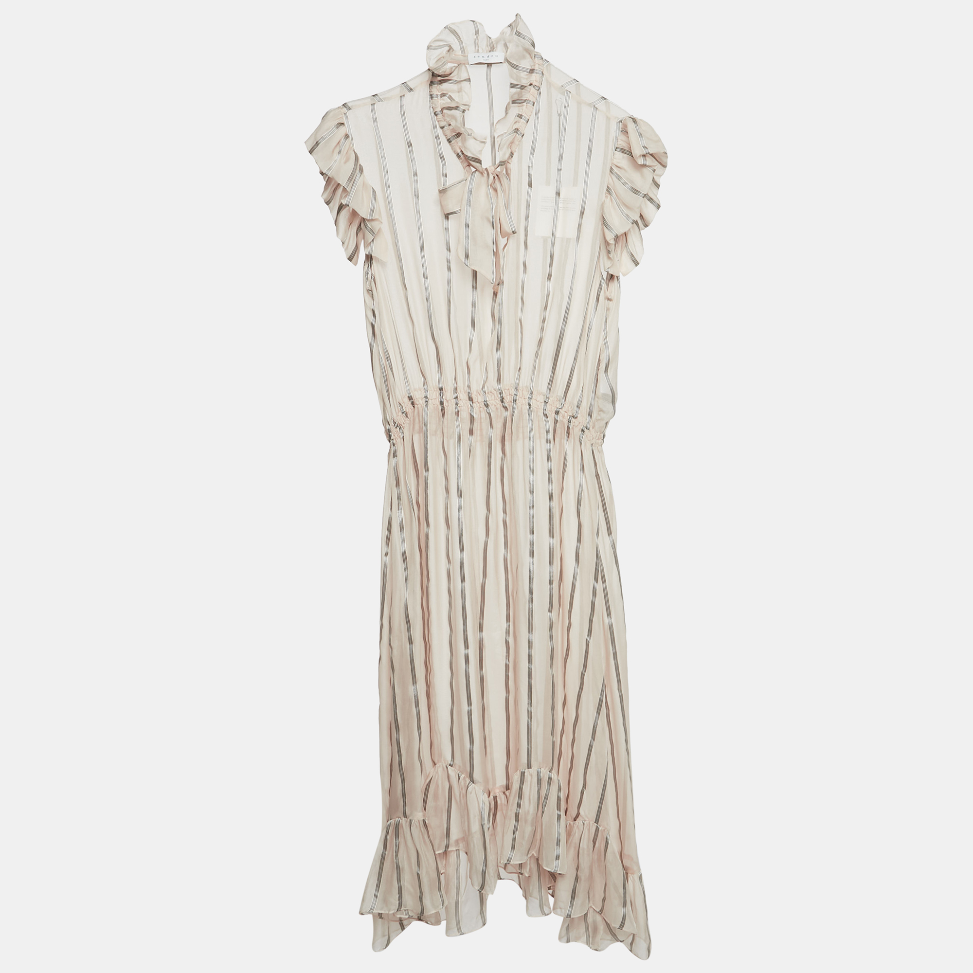 Sandro Pink Stripe Silk Ruffled Midi Dress