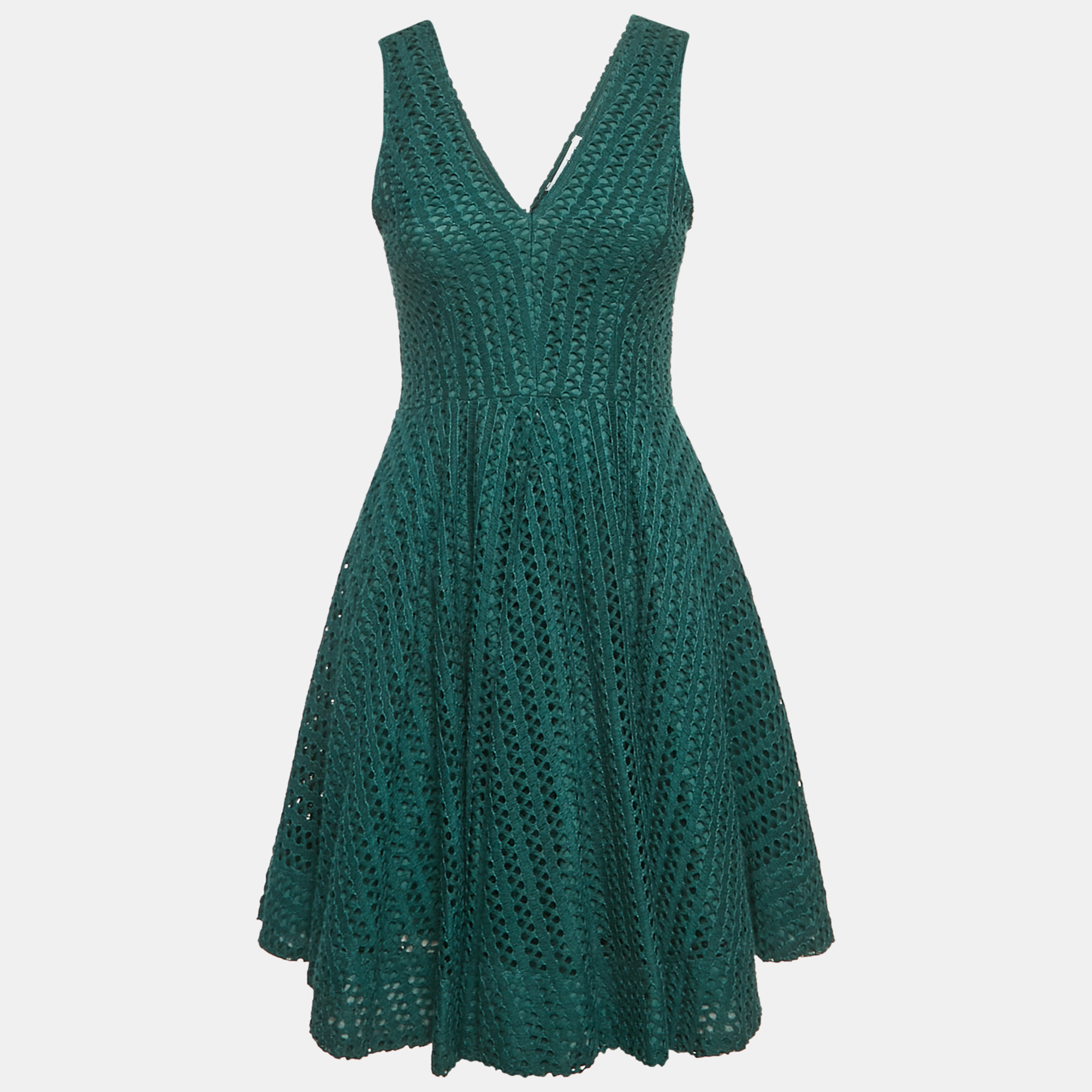 Sandro Green Crochet V-Neck Fit and Flare Mini Dress