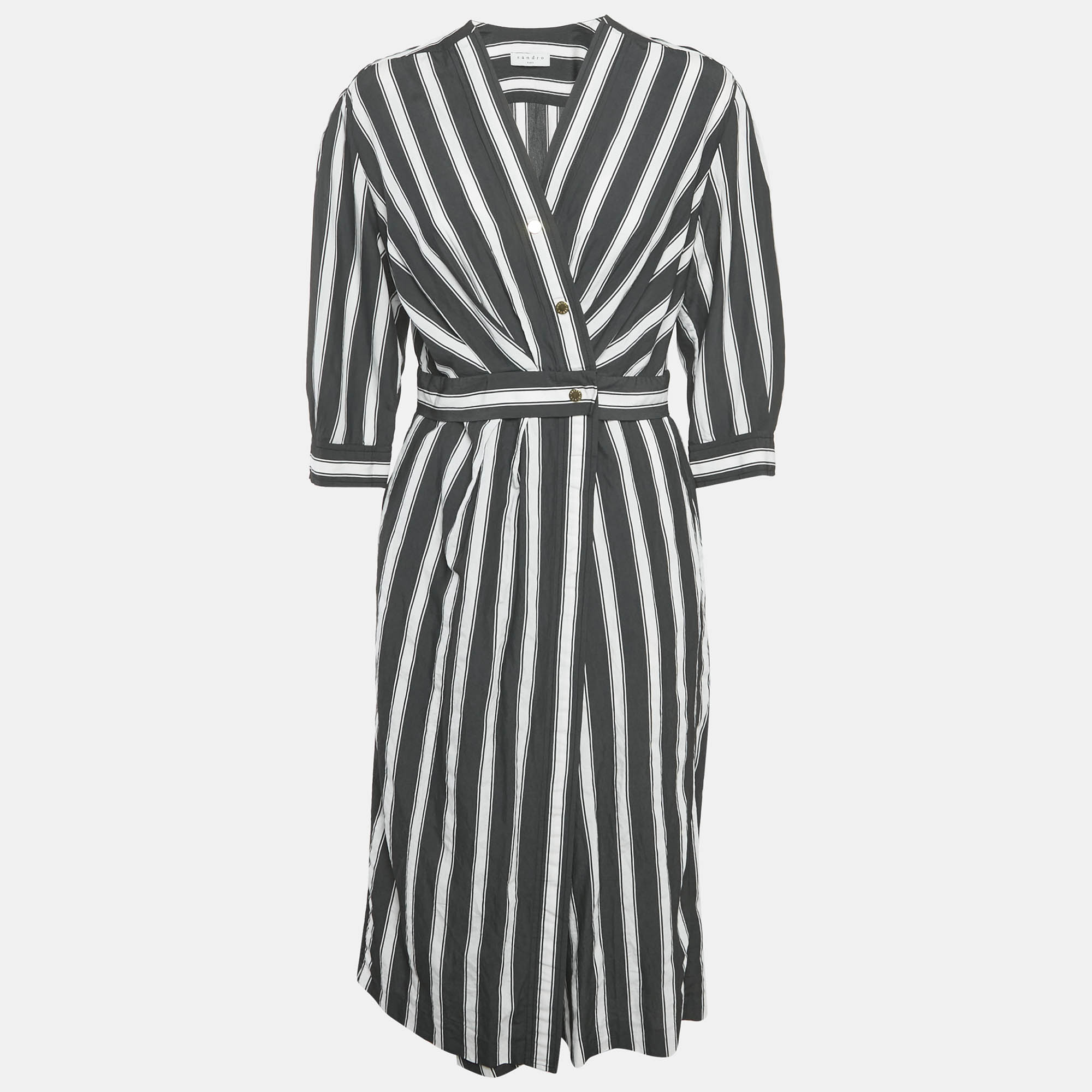 Sandro BlackWhite Stripe Viscose Wrap Midi Dress