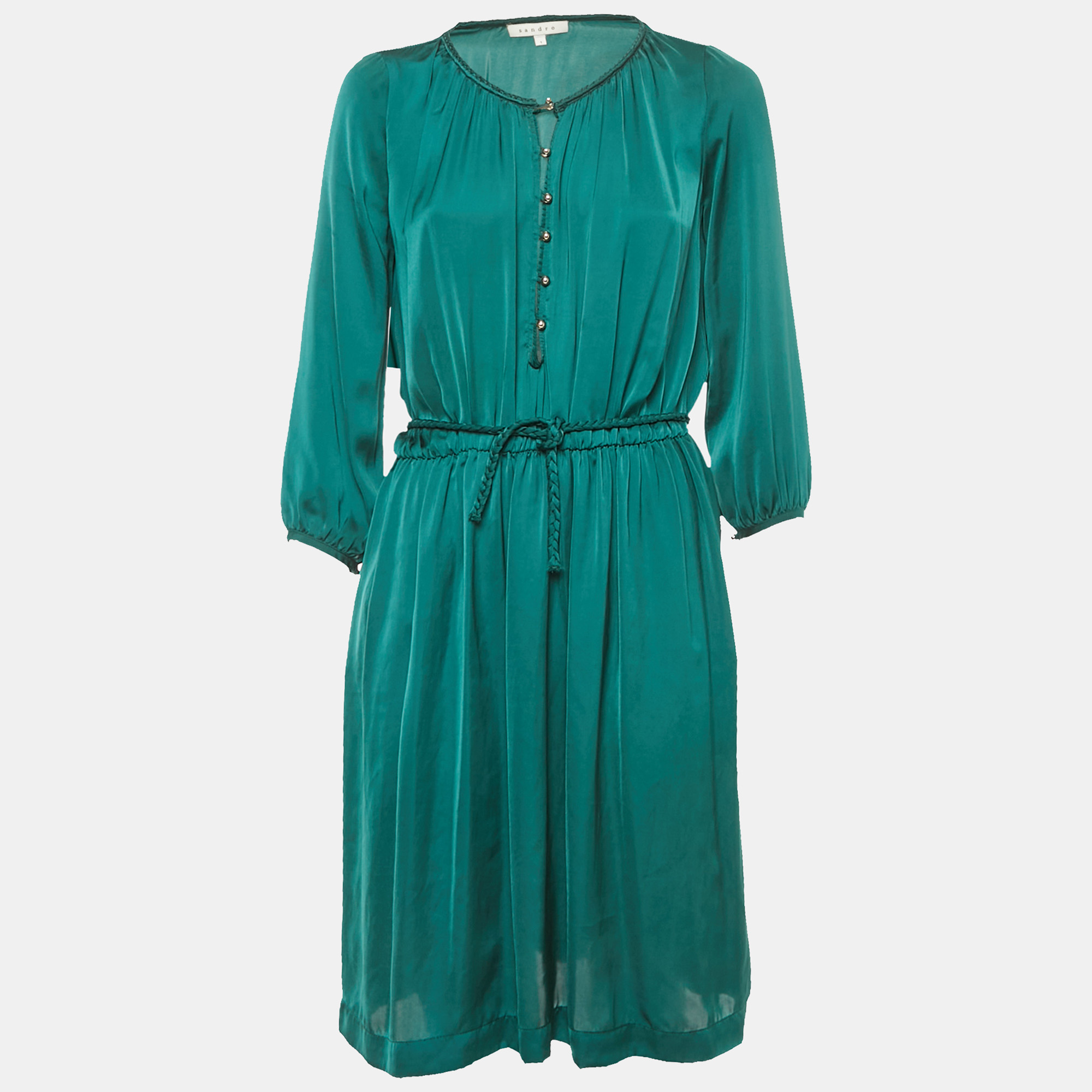 Sandro Green Satin Waist Braided Tie-Up Detail Dress