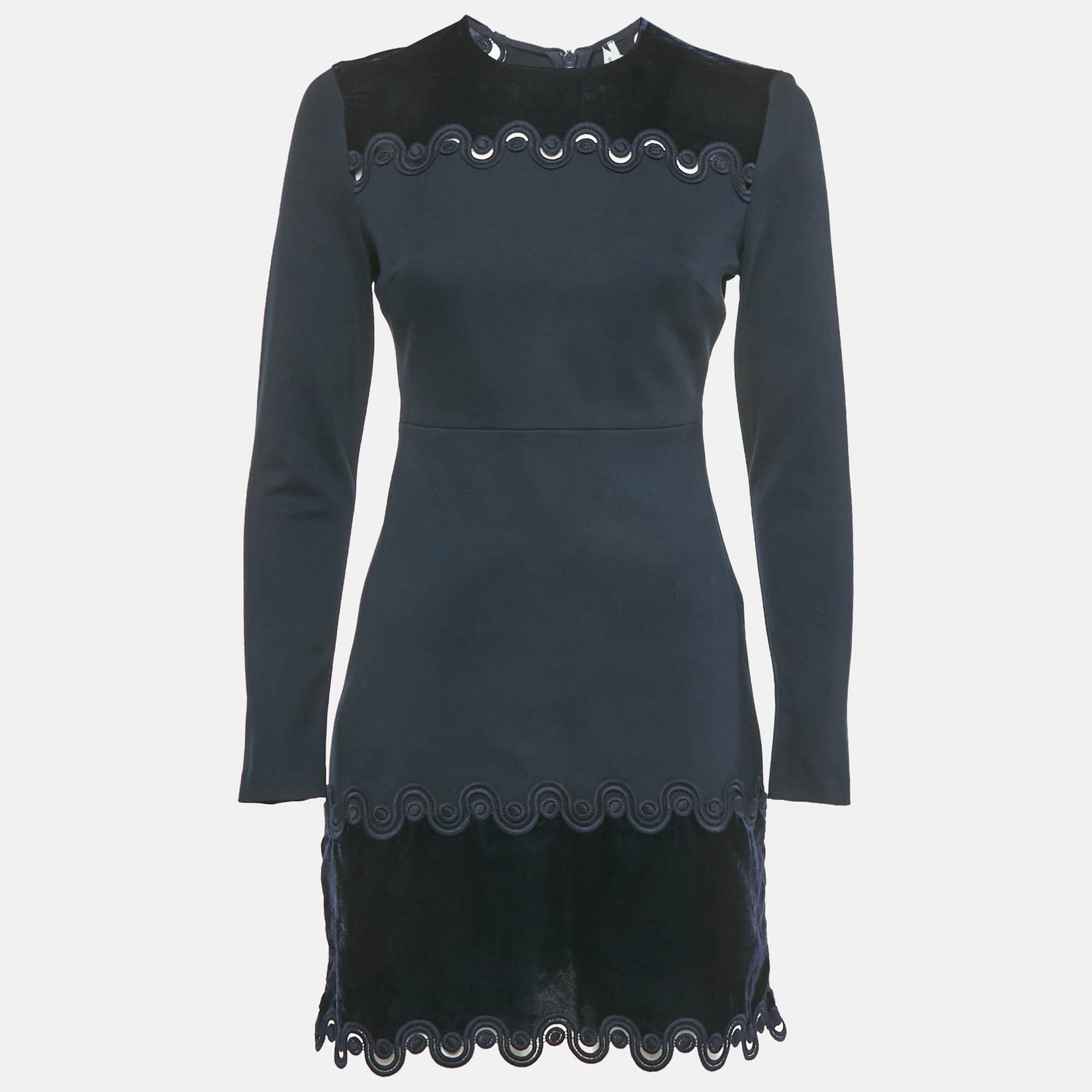 Sandro Navy Blue Jersey Lace and Velvet Detail Mini Dress