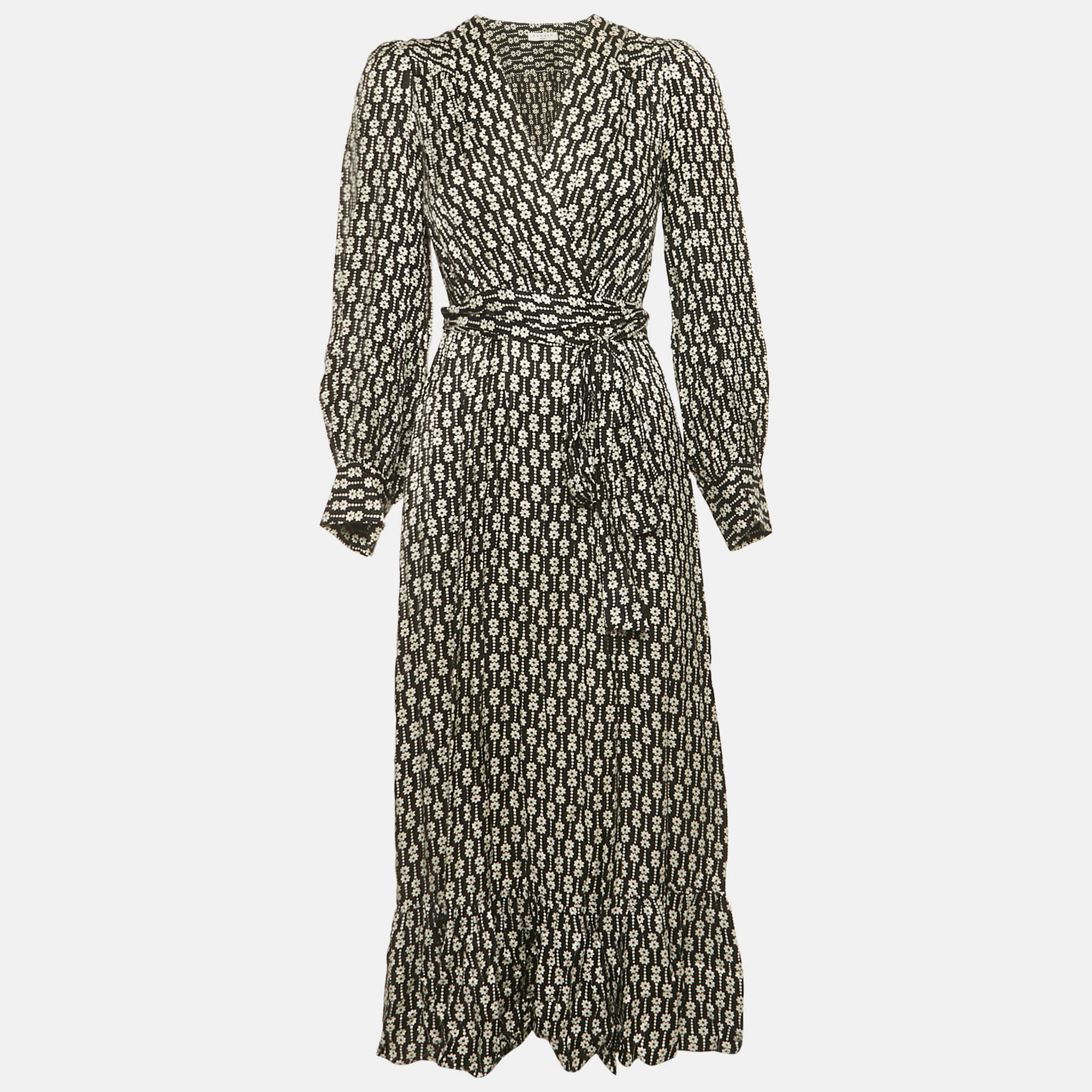 Sandro Black Floral Print Viscose Warp Around Midi Dress