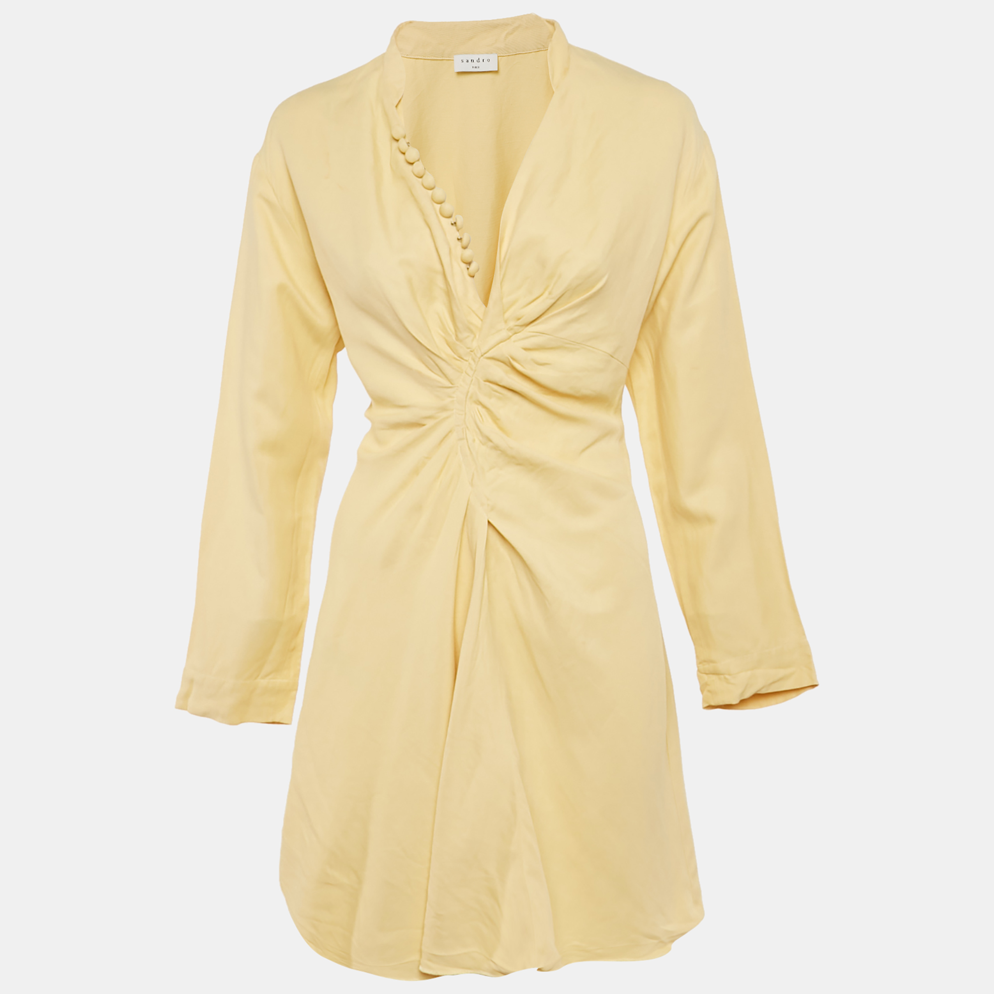 Sandro Yellow Crepe Gathered Mini Dress