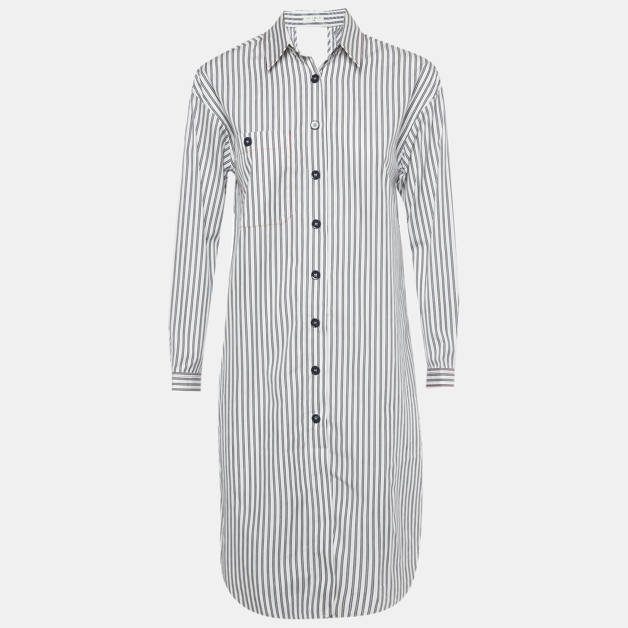 Sandro White Striped Cotton Backless Shirt Dress