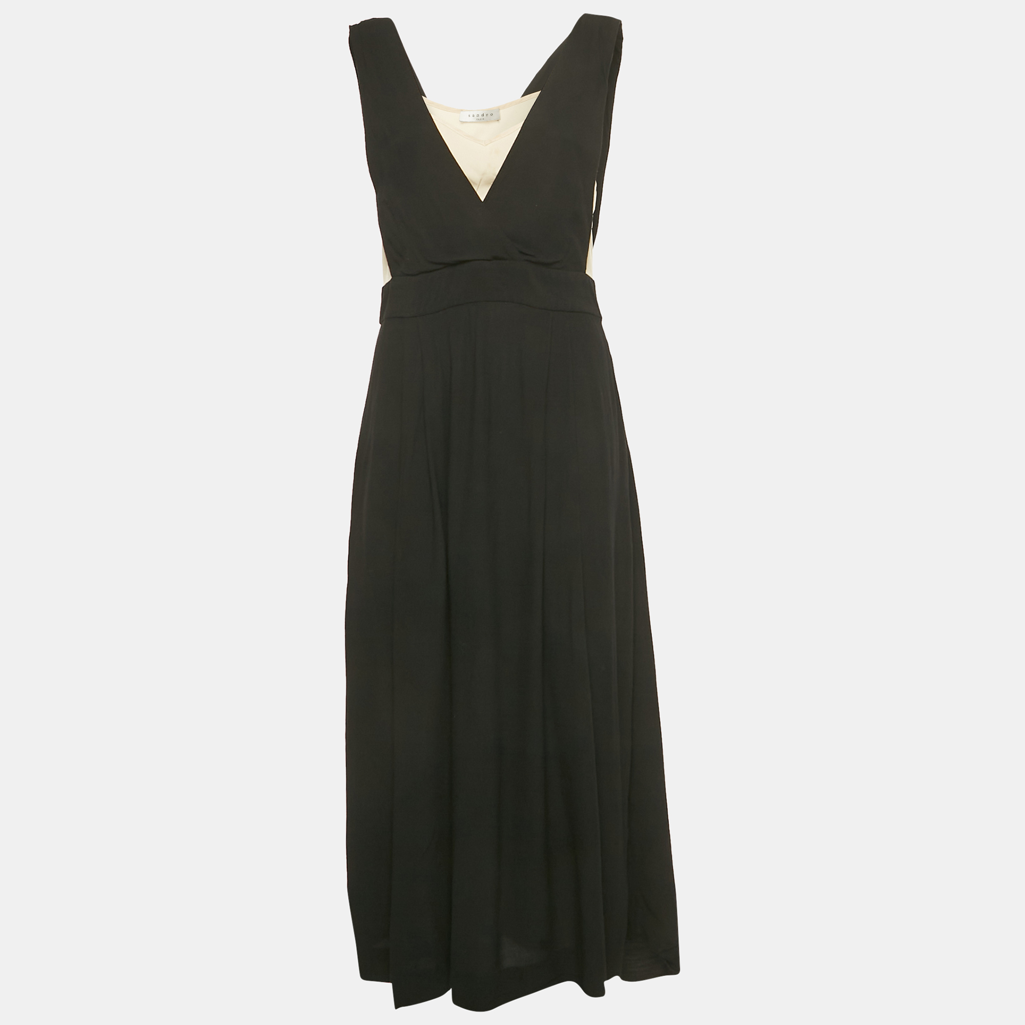 Sandro Black Beige Crepe Sleeveless Midi Dress