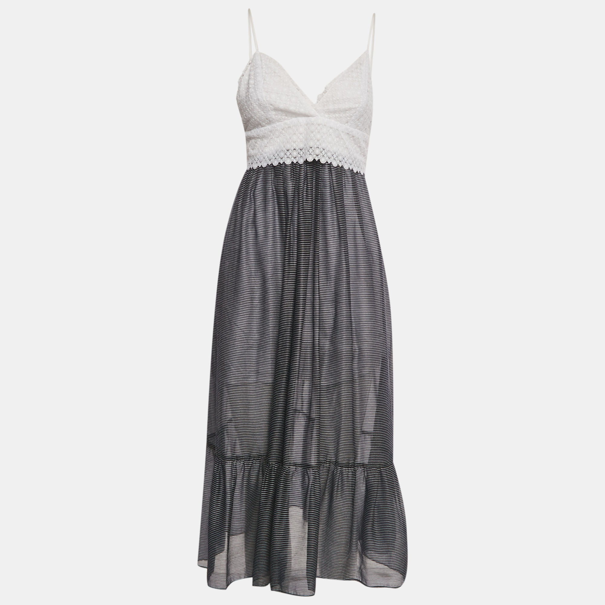 Sandro White Navy Blue Striped Lace & Crepe Midi Dress