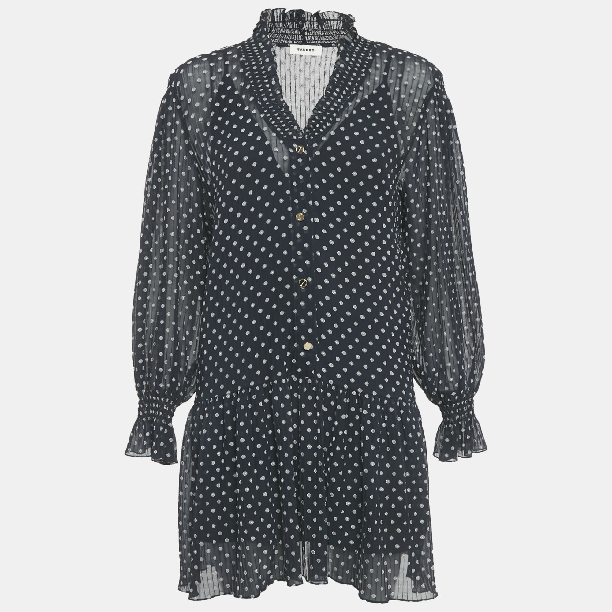 Sandro Navy Blue Polka-Dot Georgette Fil Coupé Mini Dress