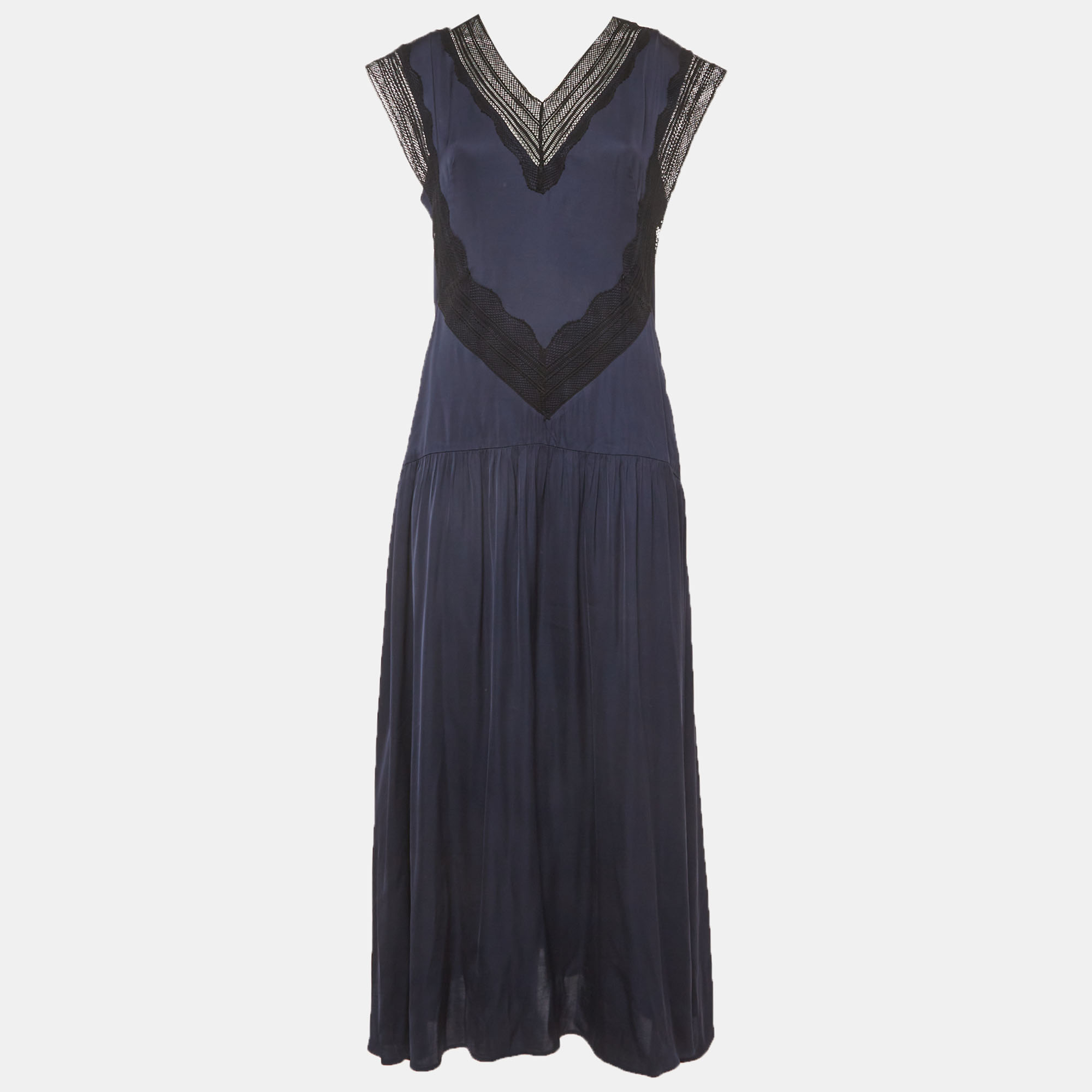 Sandro Navy Blue Satin Eloy Lace-Inset Maxi Dress