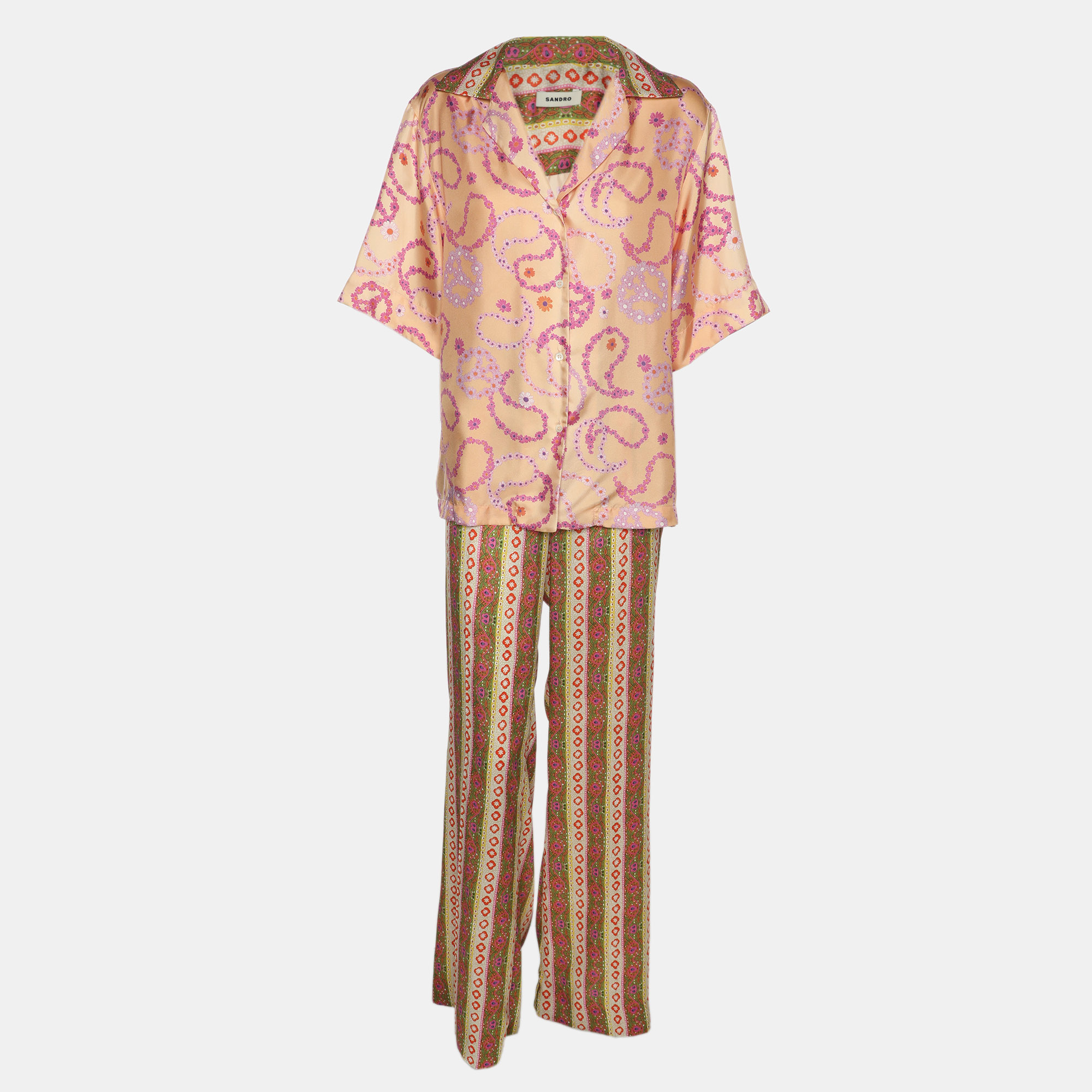 Sandro Multicolor Printed Satin Kimi Blouse and Pants Set