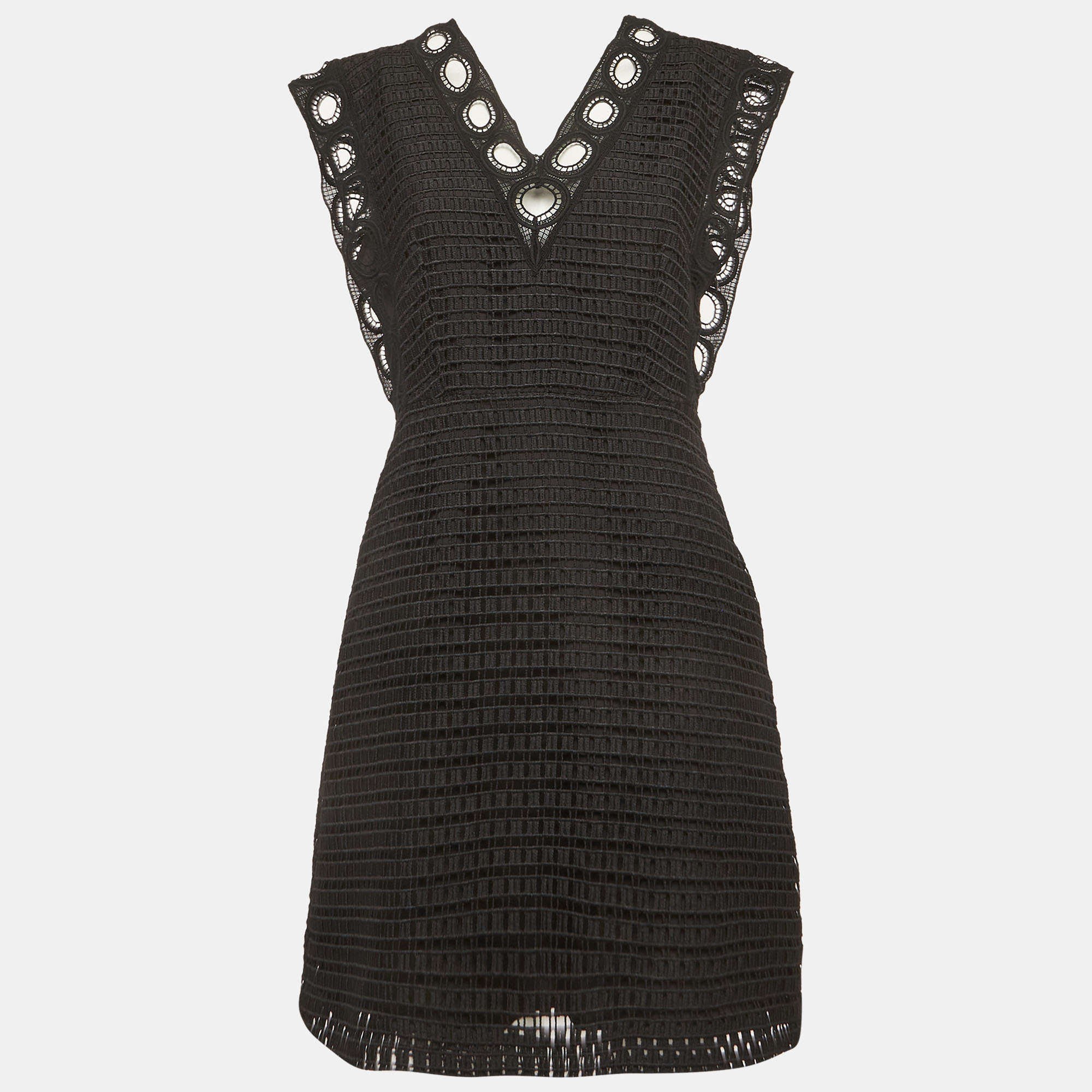 Sandro Black Crochet Lace Trim V Neck Mini Dress