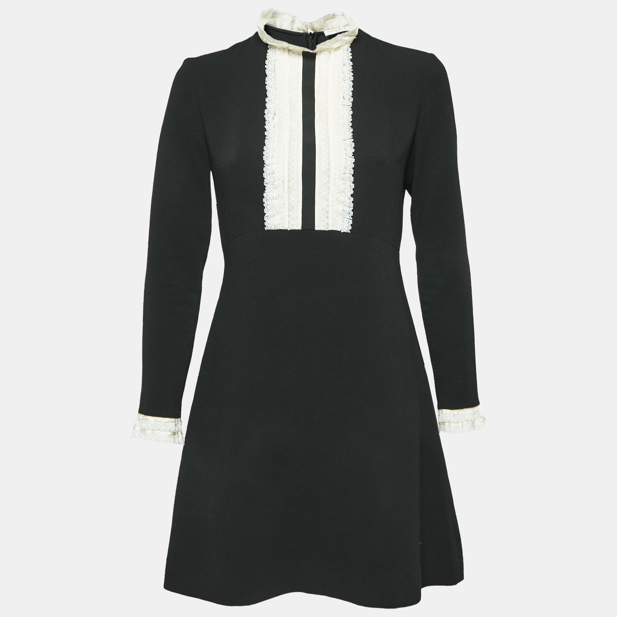 Sandro Black Crepe Lace Trim Shift Mini Dress