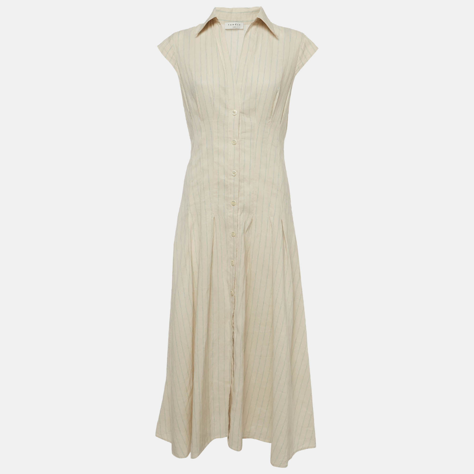Sandro Cream Striped Linen Pleated Andrina Midi Dress