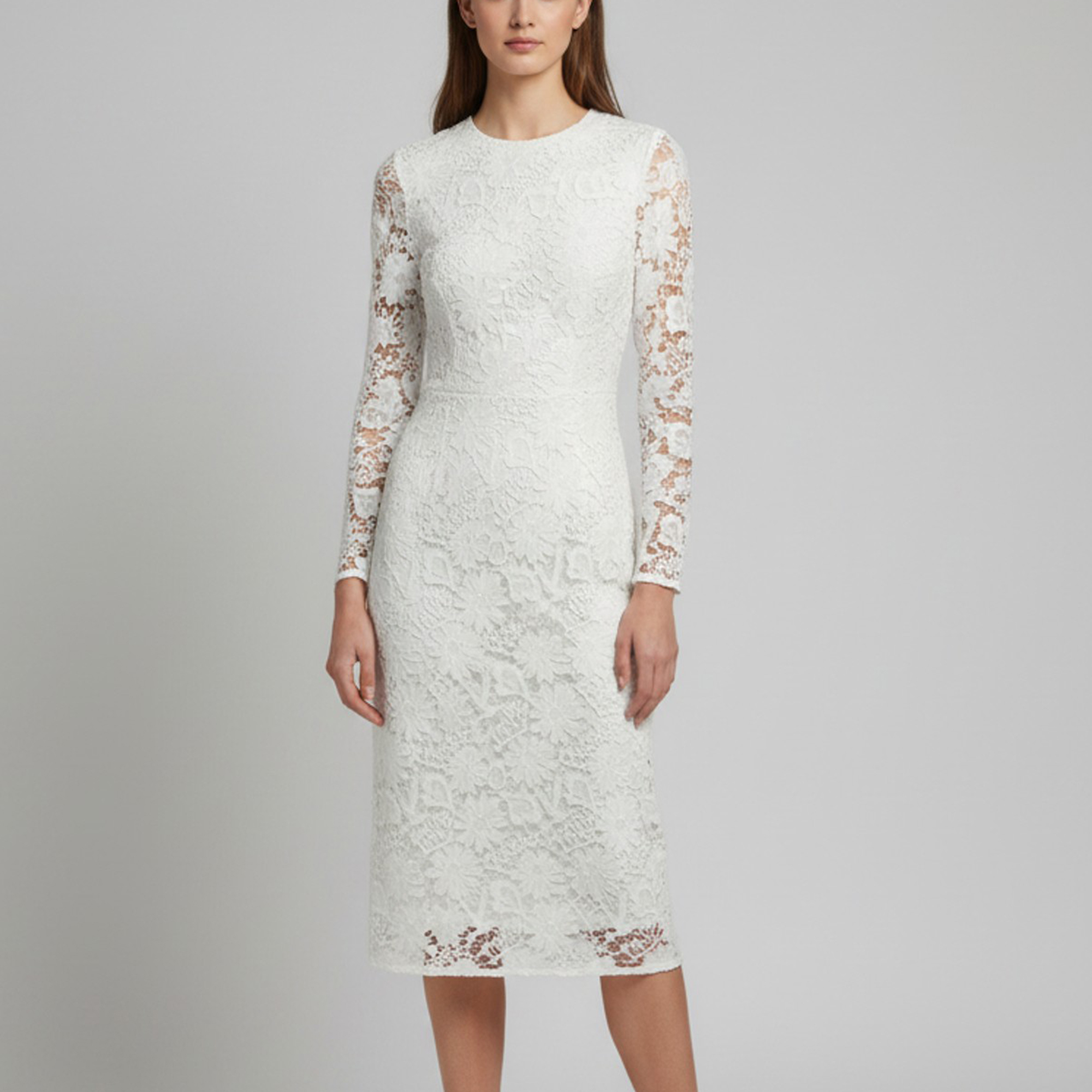 Sandro White Lace Long Sleeve Midi Dress