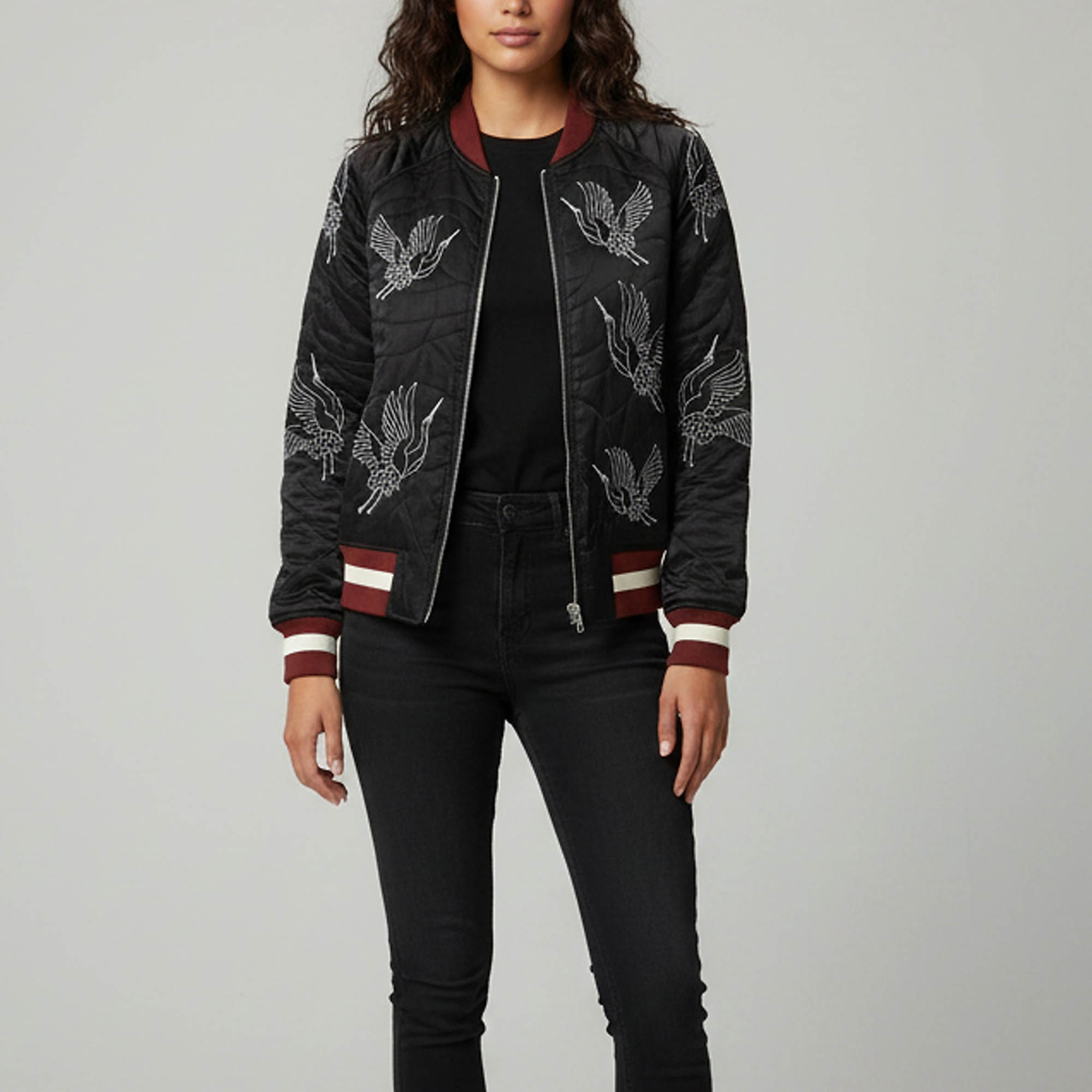 Sandro Black Embroidered Silk Blend Bomber Jacket