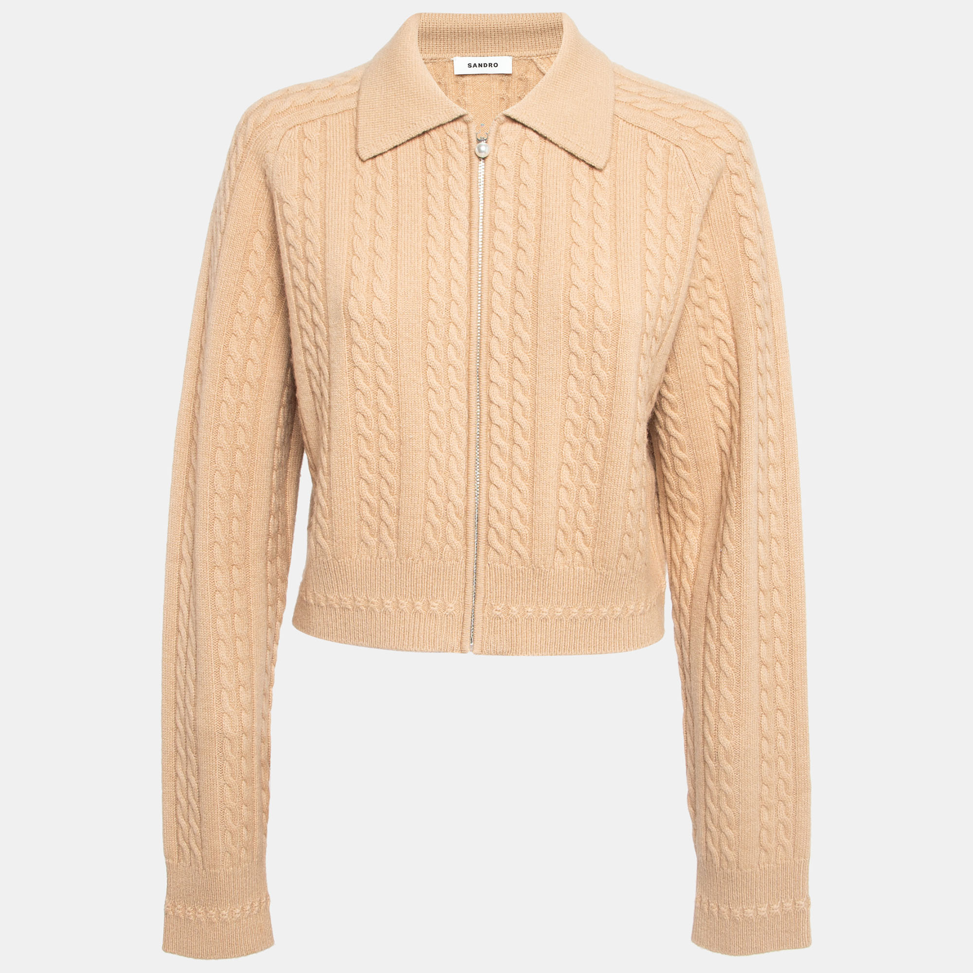 Sandro Beige Wool Cable Knit Zipper Crop Cardigan
