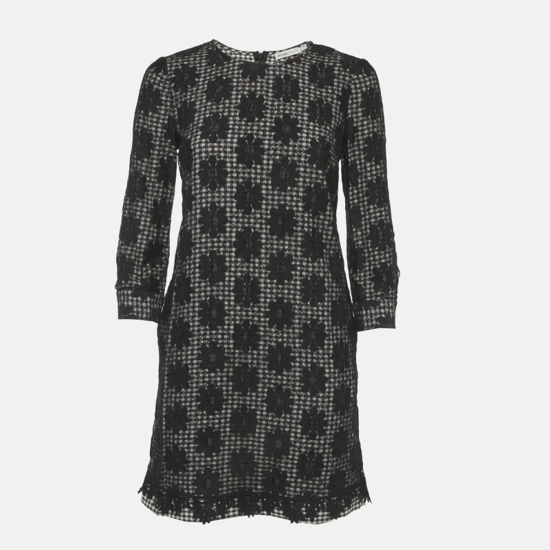 See By Chloe Monochrome Checkered Floral Mesh Overlay Shift Dress